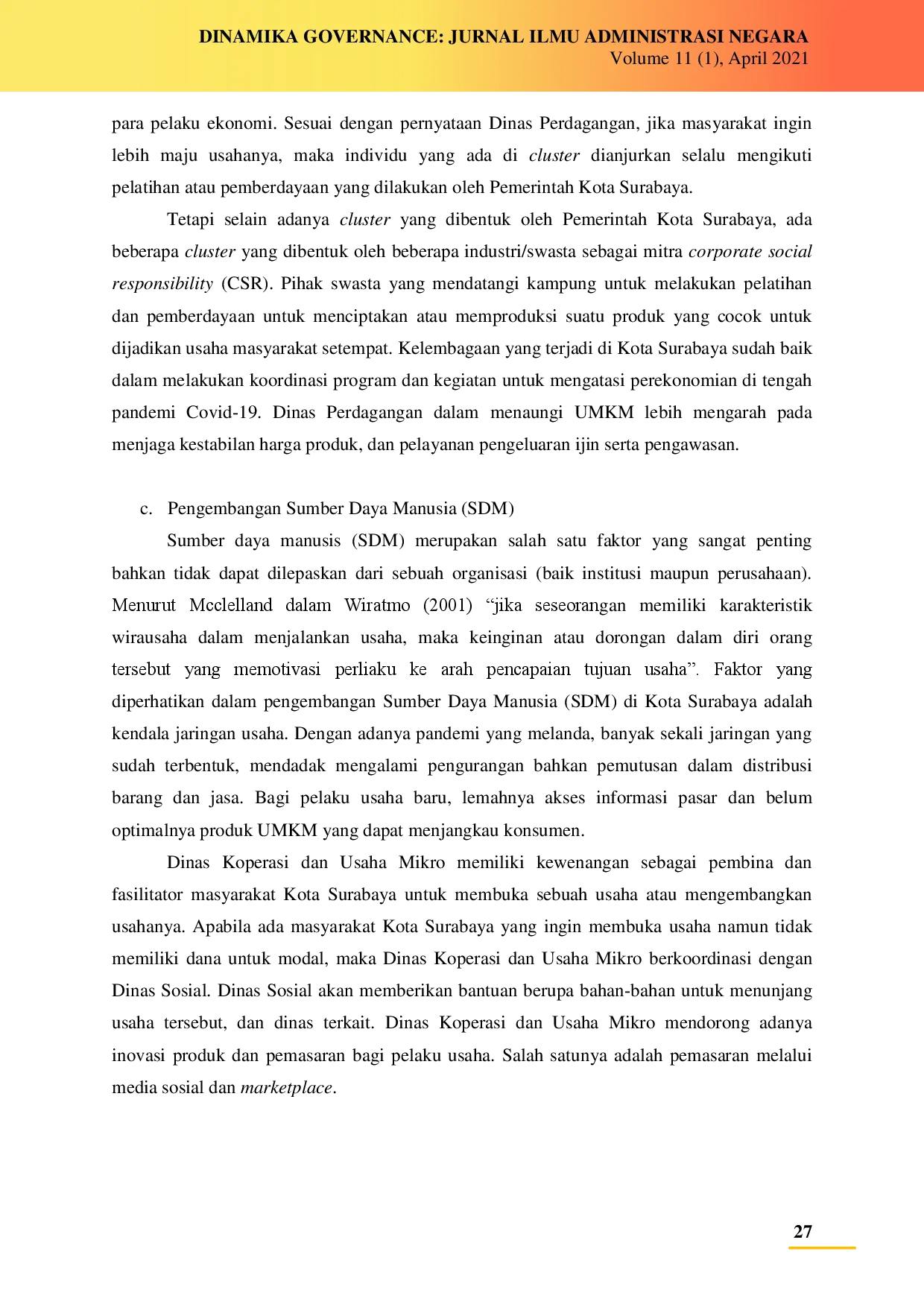 juris Optimalisasi Sektor Unggulan Kota Surabaya dalam Pemulihan Ekonomi Pasca Pandemi Covid 19