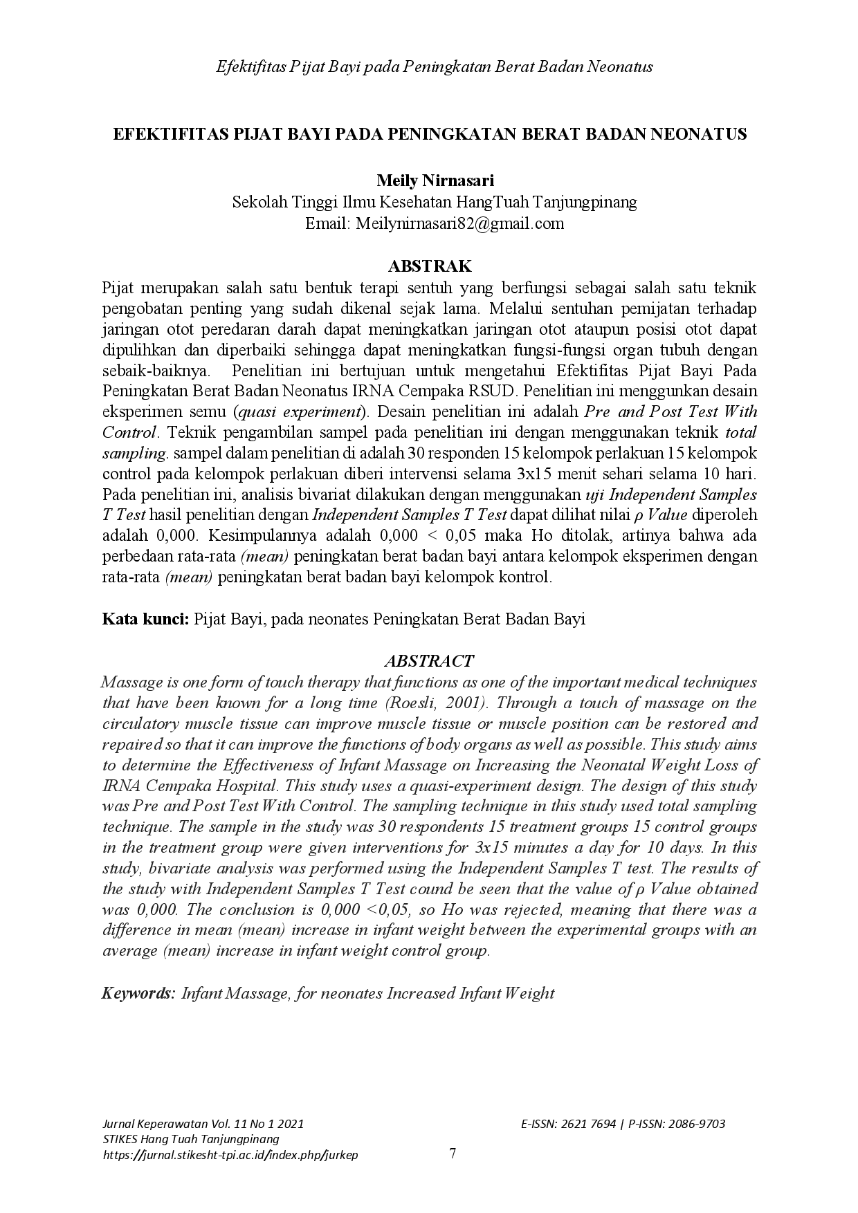 juris Efektifitas Pijat Bayi pada Peningkatan Berat Badan Neonatus