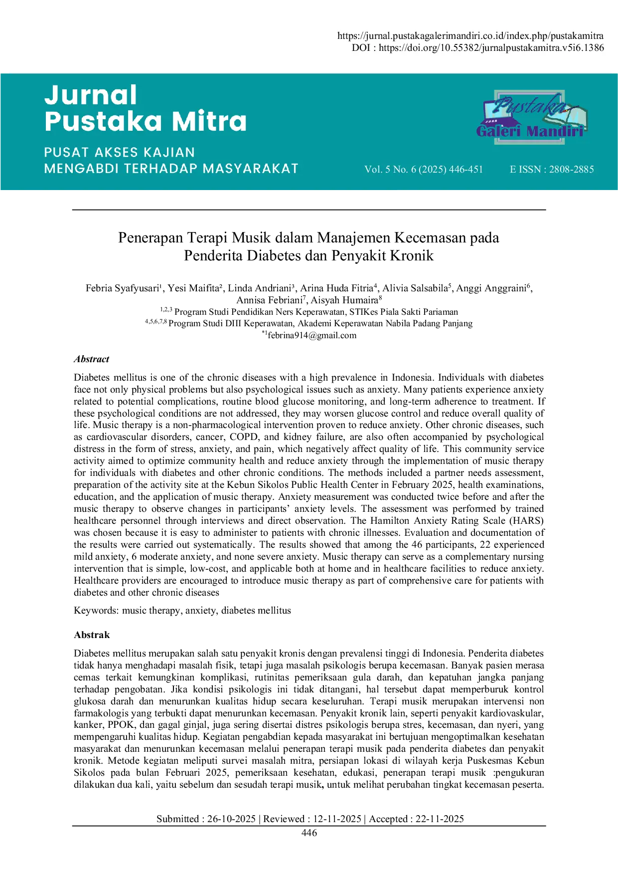 JURIS Penerapan Terapi Musik dalam Manajemen Kecemasan pada Penderita Diabetes dan Penyakit Kronik