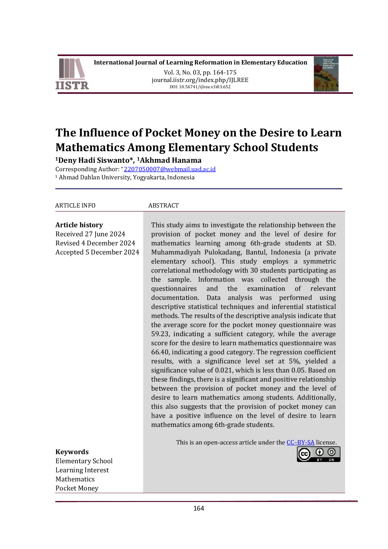 JURIS The Influence of Pocket Money on the Desire to Learn Mathematics Among Elementary School Students