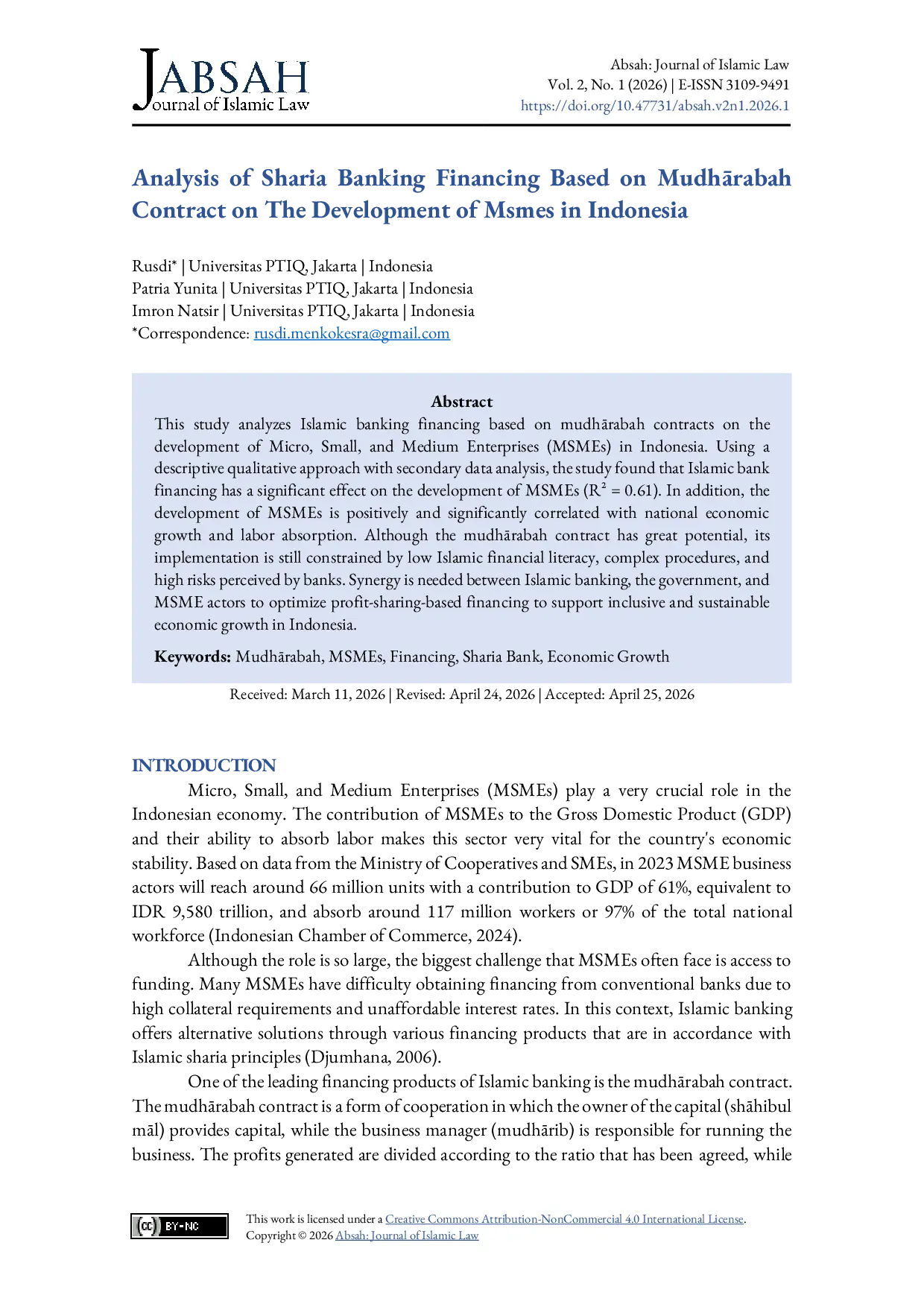 JURIS Analysis of Sharia Banking Financing Based on MudhaErabah Contract on The Development of MSMEs in Indonesia