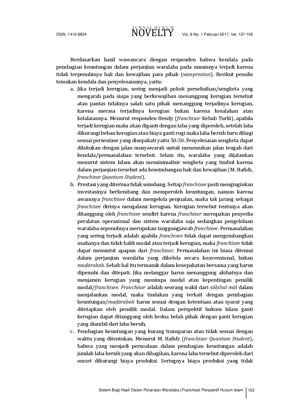 juris Sistem Bagi Hasil Dalam Perjanjian Waralaba Franschise Ay Perspektif Hukum Islam