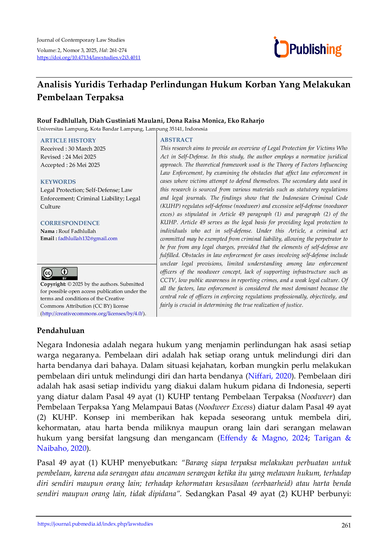 JURIS Analisis Yuridis Terhadap Perlindungan Hukum Korban Yang Melakukan Pembelaan Terpaksa