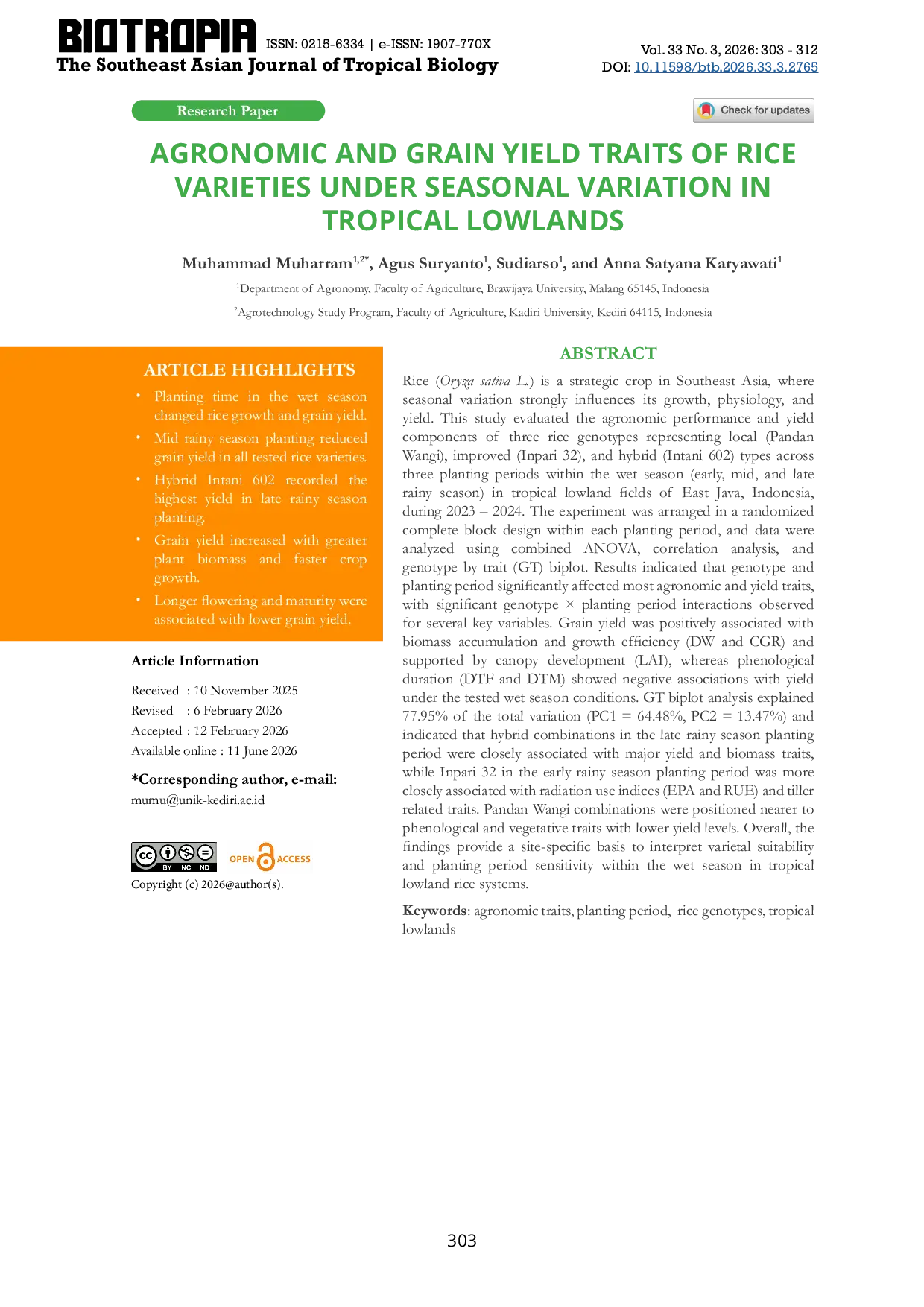 JURIS Agronomic and Grain Yield Traits of Rice Varieties under Seasonal Variation in Tropical Lowlands