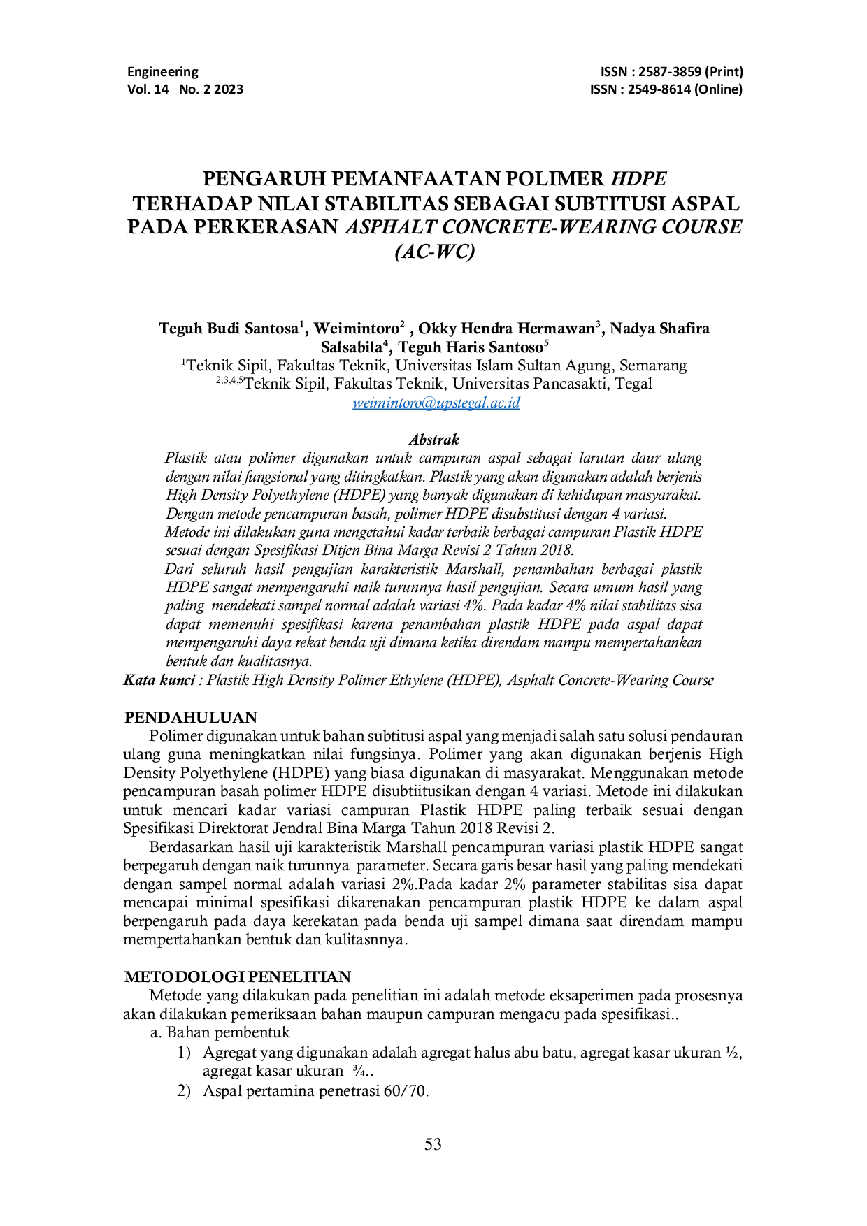 JURIS Pengaruh Pemanfaatan Polimer HDPE Terhadap Nilai Stabilitas Sebagai Subtitusi Aspal Pada Perkerasan Asphalt Concrete Wearing Course AC WC