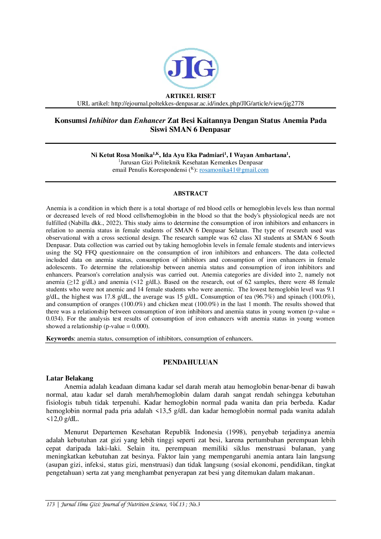 JURIS Konsumsi Inhibitor dan Enhancer Zat Besi Kaitannya Dengan Status Anemia Pada Siswi SMAN 6 Denpasar