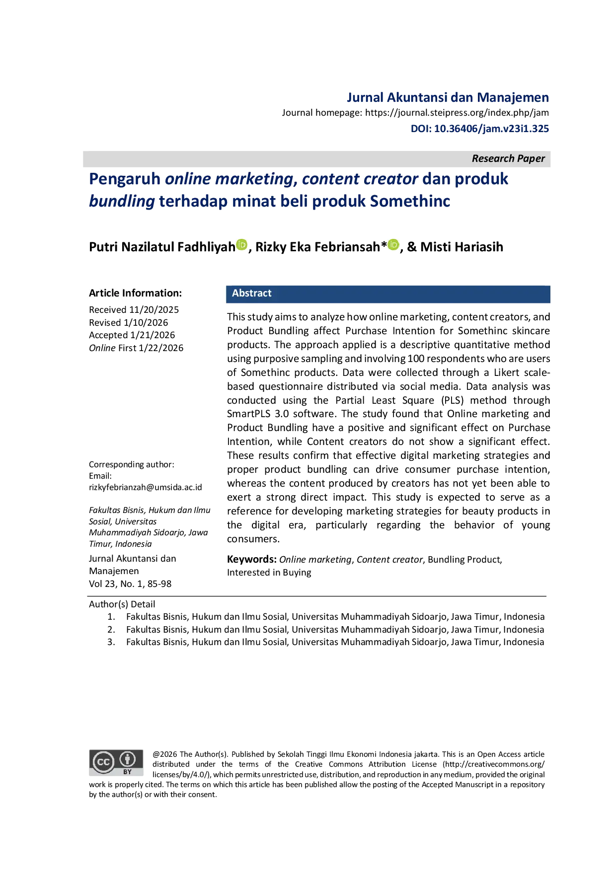 JURIS Pengaruh online marketing content creator dan produk bundling terhadap minat beli produk Somethinc