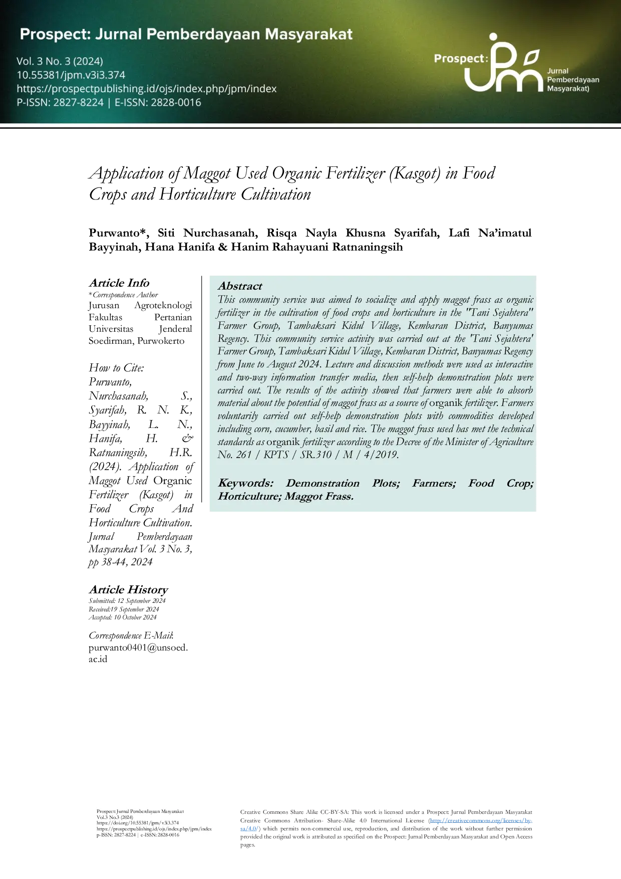 JURIS Application of Maggot Used Organic Fertilizer Kasgot in Food Crops and Horticulture Cultivation