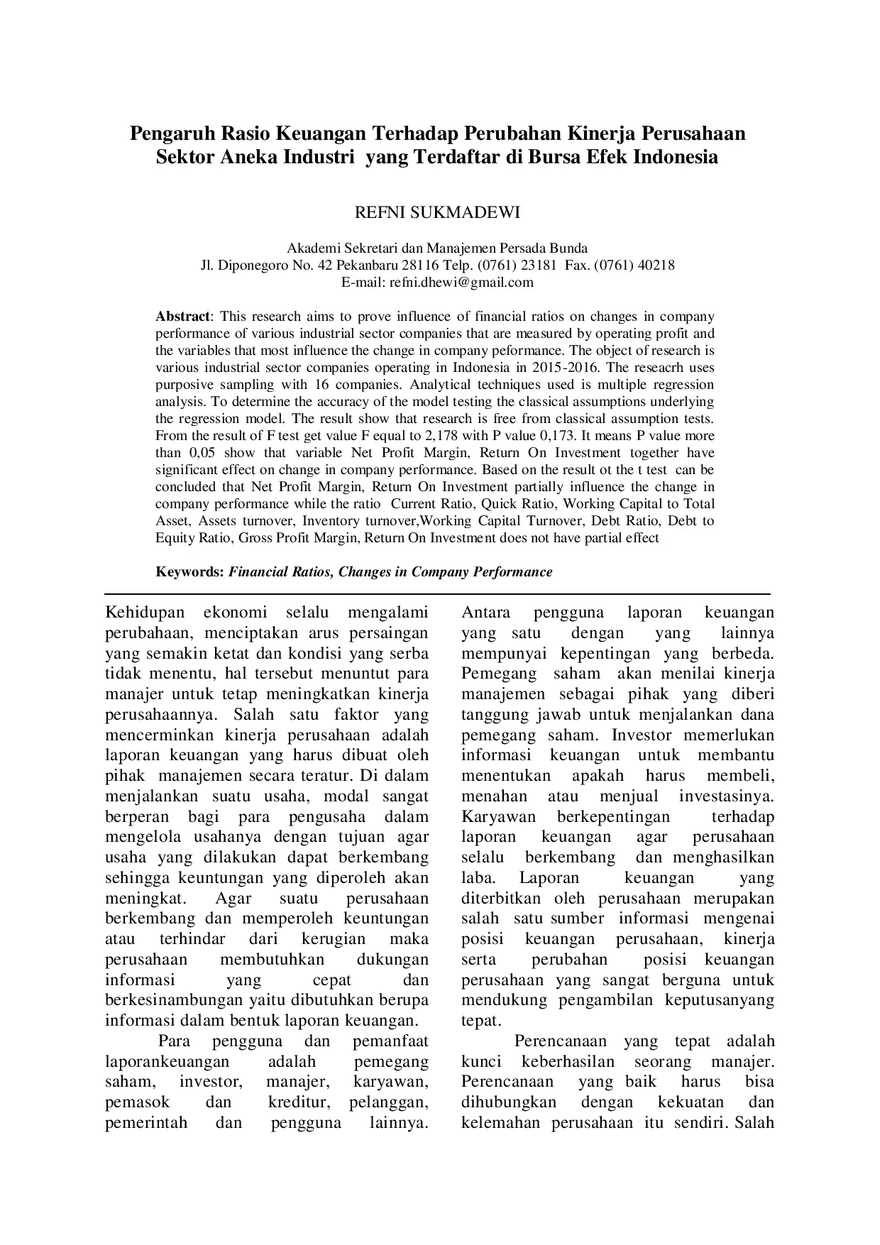 juris Pengaruh Rasio Keuangan Terhadap Perubahan Kinerja Perusahaan Sektor Aneka Industri yang Terdaftar di Bursa Efek Indonesia