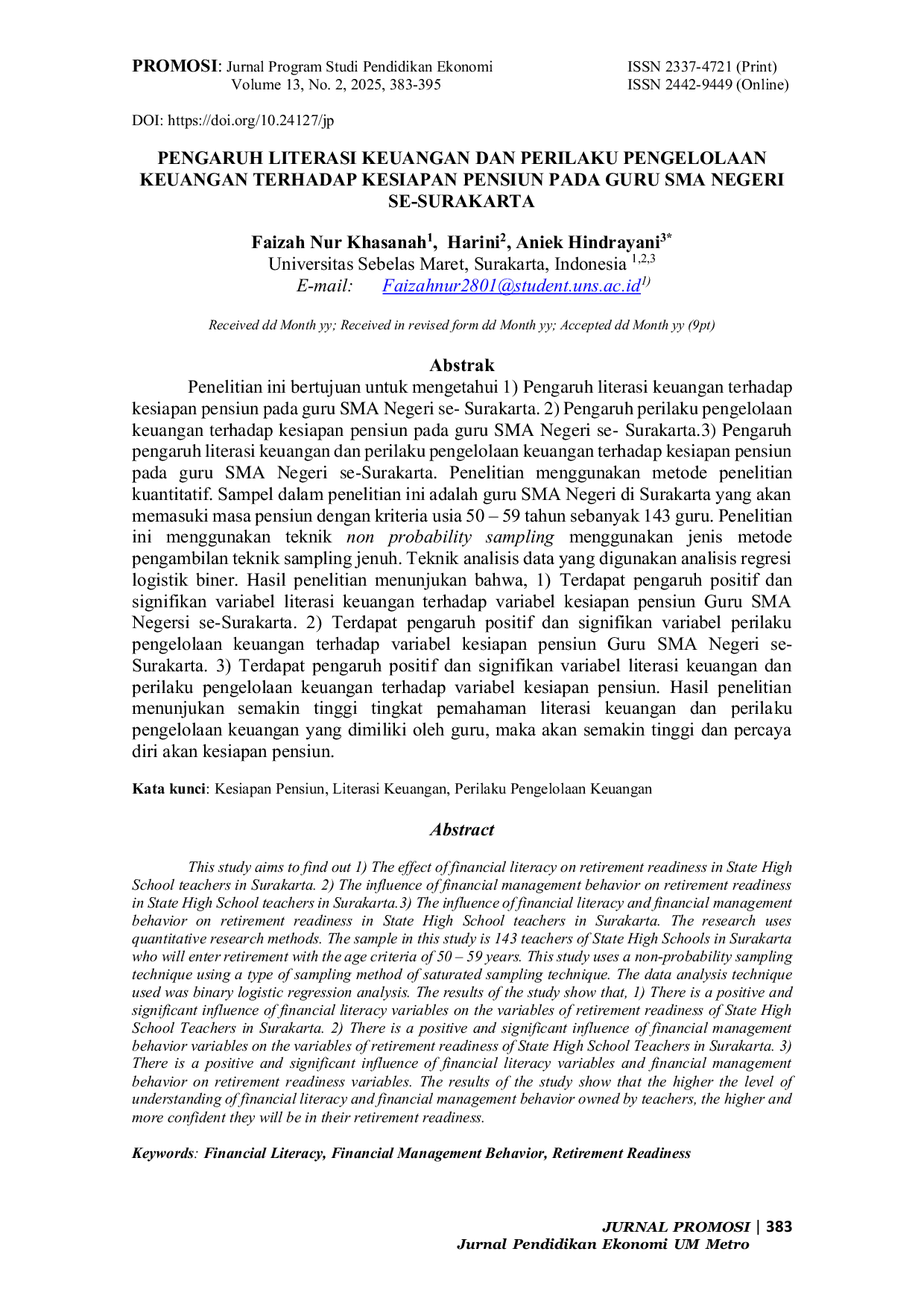 JURIS The Influence of Financial Literacy and Financial Management Behavior on Retirement Readiness of Public High School Teachers in Surakarta