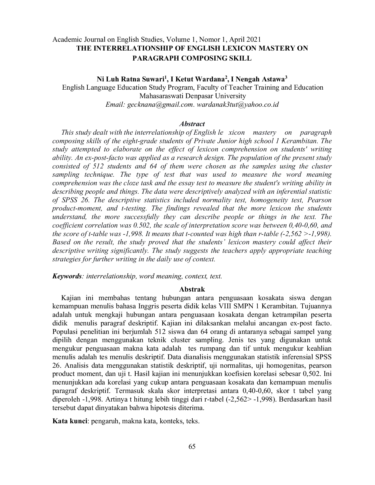 JURIS The Interrelationship Of English Lexicon Mastery On Paragraph Composing Skill