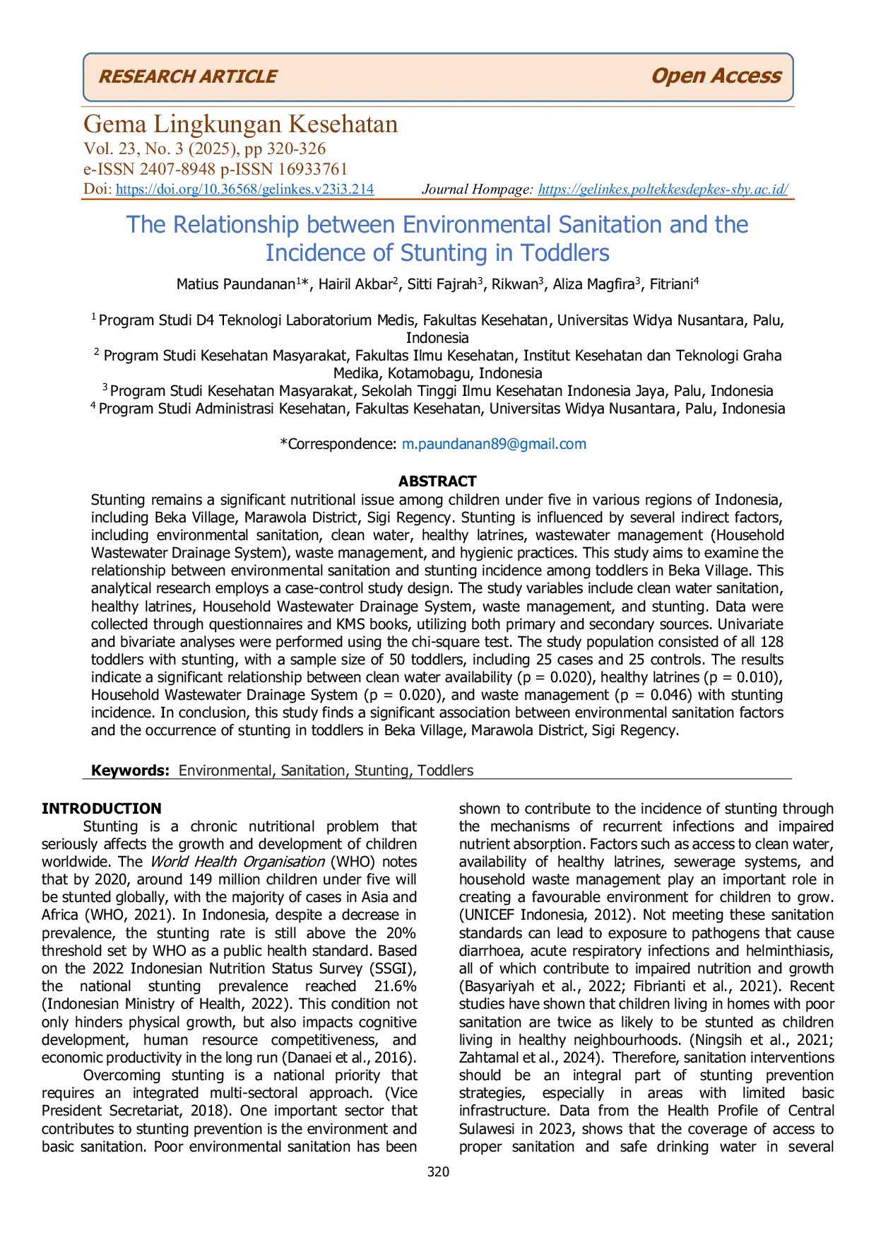 JURIS The Relationship between Environmental Sanitation and the Incidence of Stunting in Toddlers