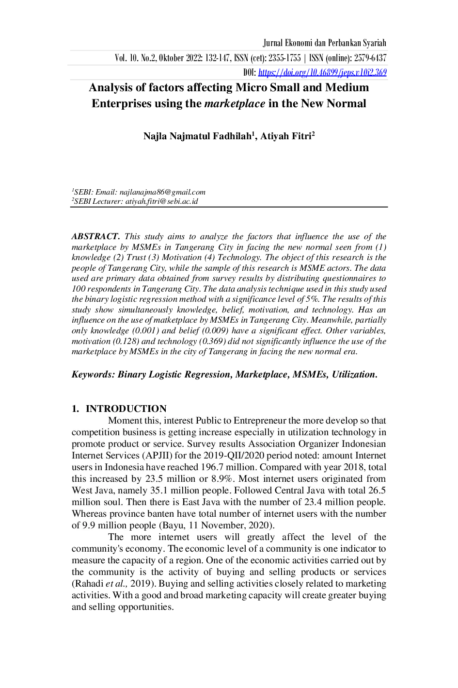 JURIS Analysis of factors affecting Micro Small and Medium Enterprises using the marketplace in the New Normal