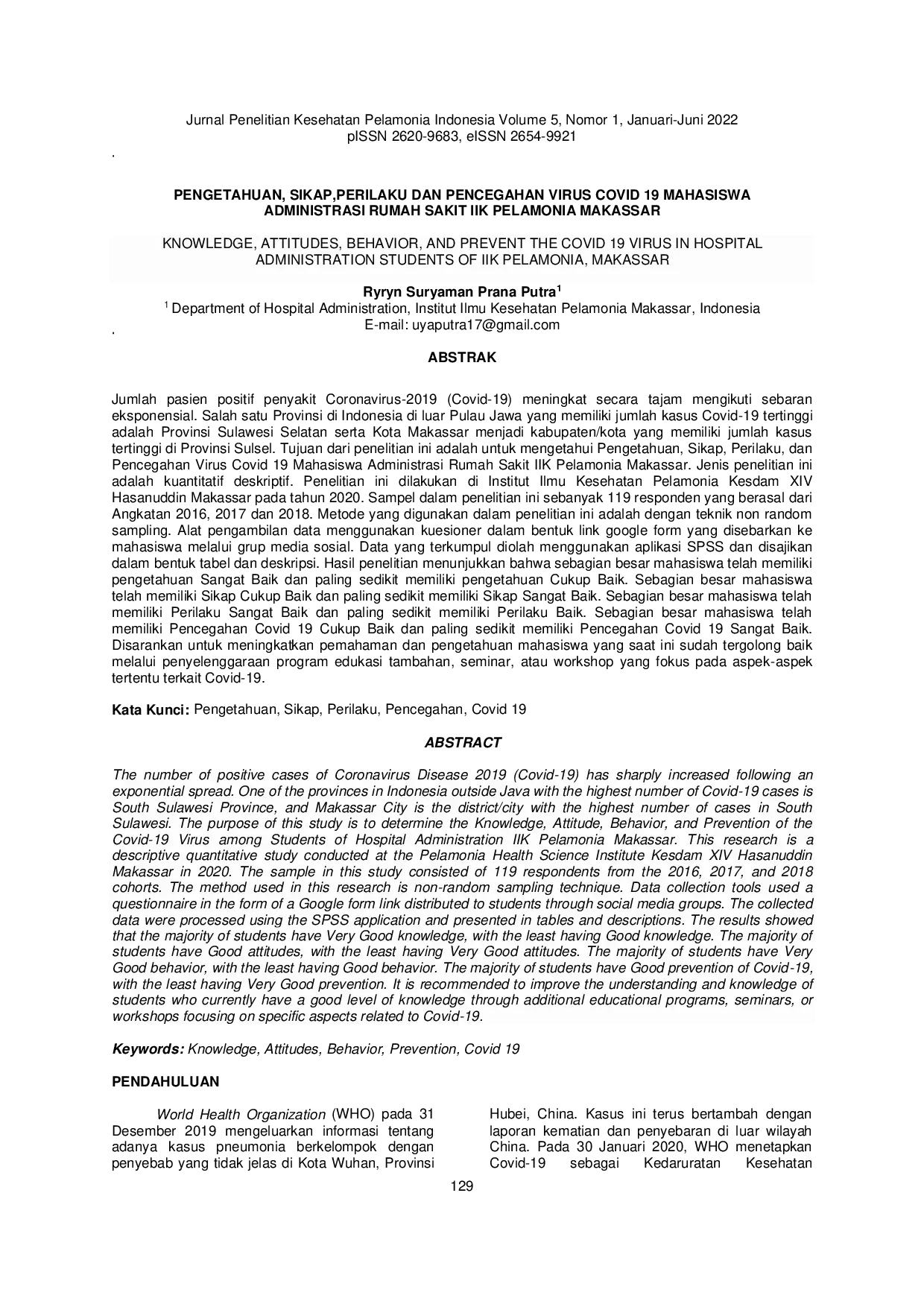 JURIS Pengetahuan Sikap Perilaku Dan Pencegahan Virus Covid 19 Mahasiswa Administrasi Rumah Sakit Iik Pelamonia Makassar