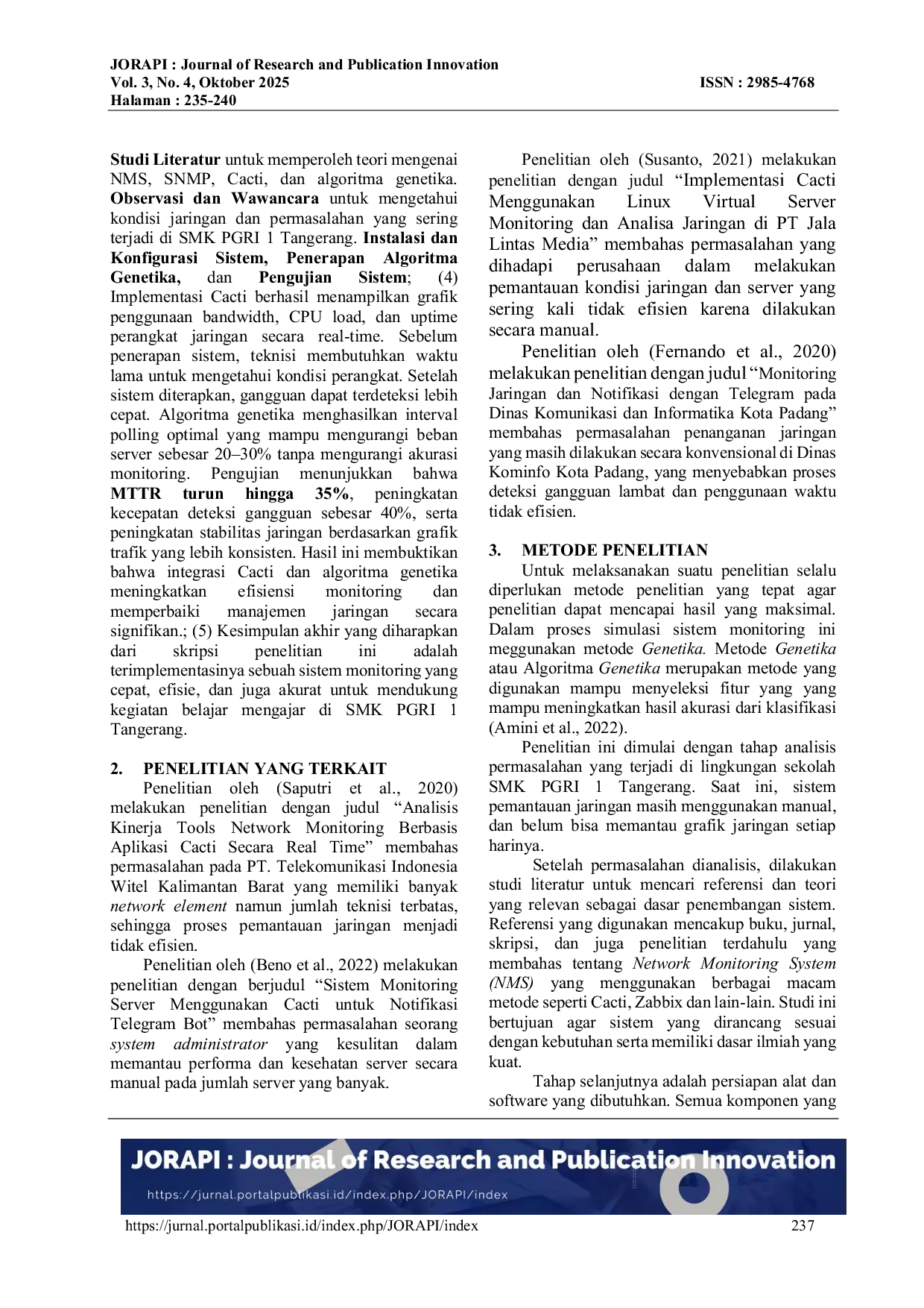 JURIS Implementasi Network Monitoring System NMS Menggunakan Cacti dengan Metode Genetika pada Infrastruktur Jaringan