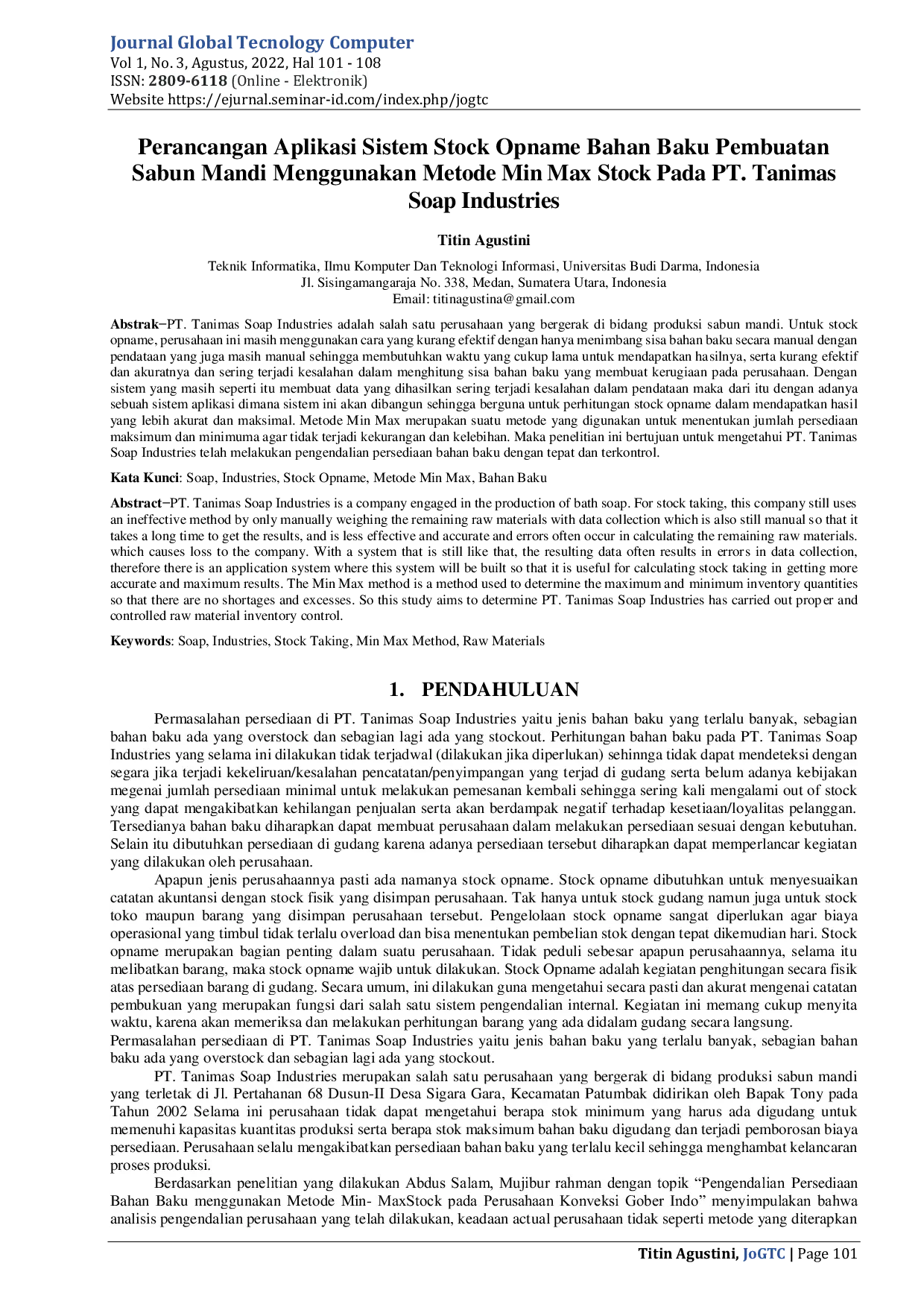 JURIS Perancangan Aplikasi Sistem Stock Opname Bahan Baku Pembuatan Sabun Mandi Menggunakan Metode Min Max Stock Pada PT Tanimas Soap Industries