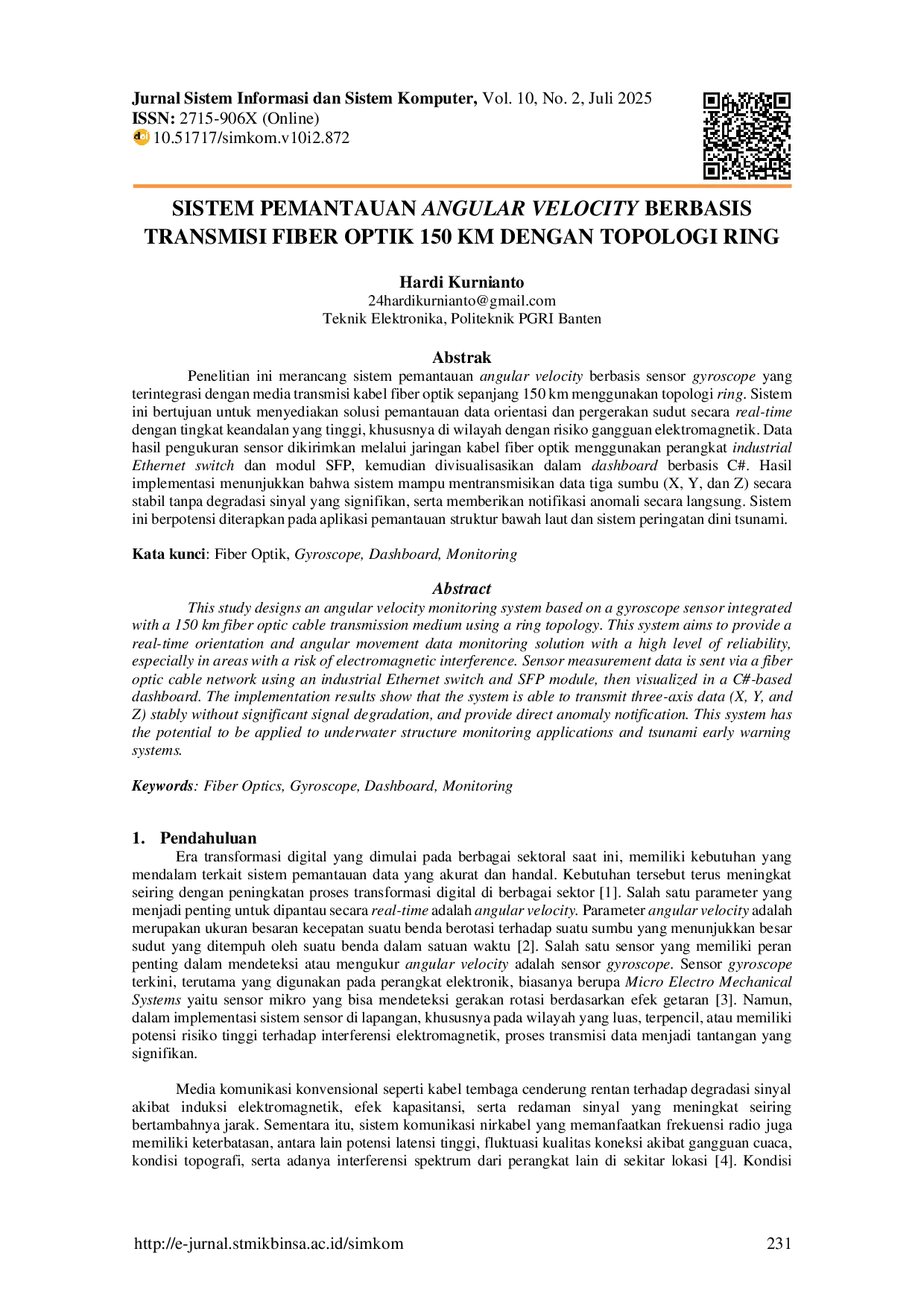 JURIS Sistem Pemantauan Angular Velocity Berbasis Transmisi Fiber Optik 150 Km Dengan Topologi Ring