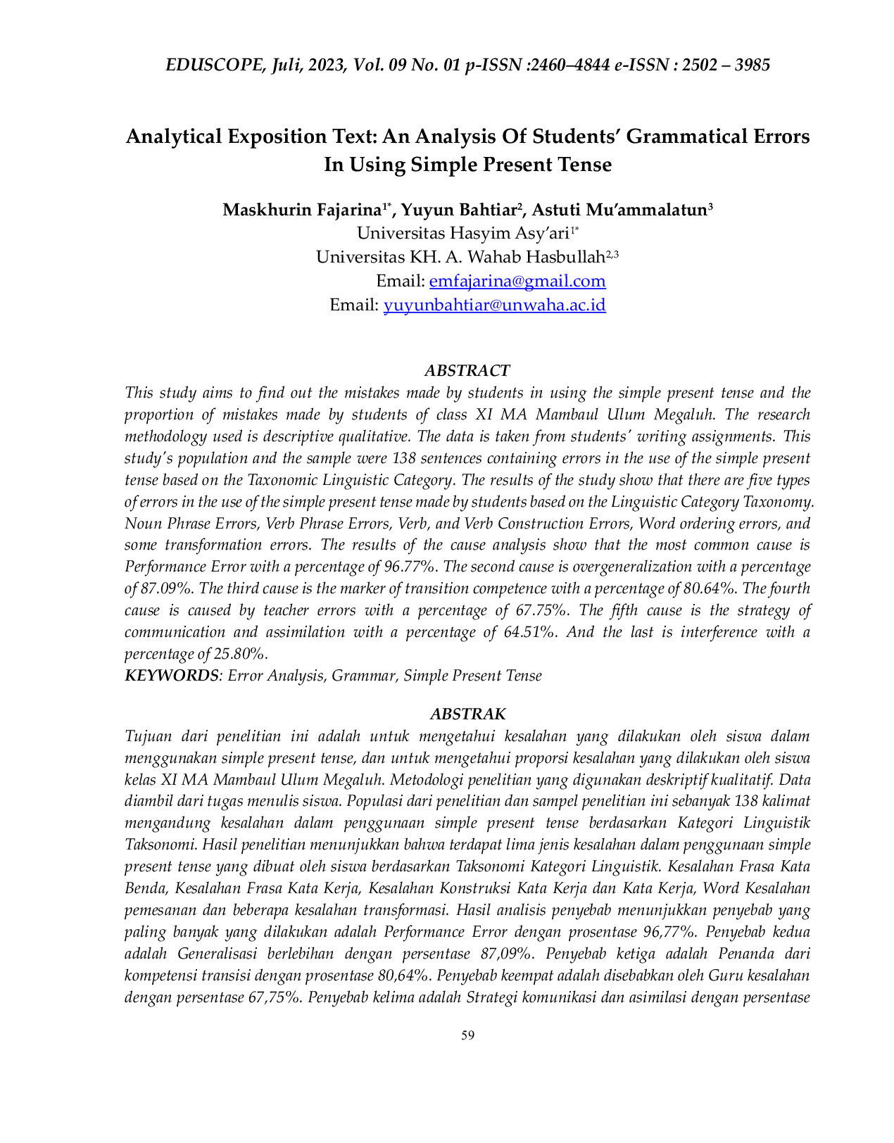 JURIS Analytical Exposition Text An Analysis Of Students Grammatical Errors In Using Simple Present Tense