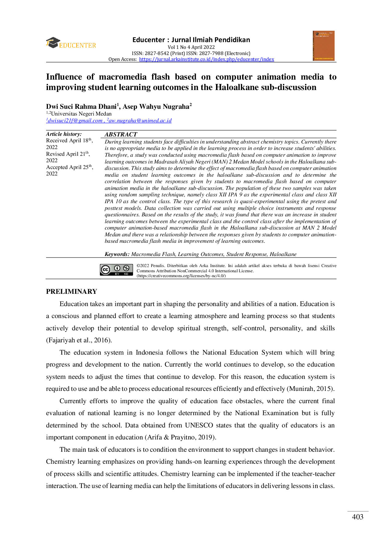 JURIS Influence of macromedia flash based on computer animation media to improving student learning outcomes in the Haloalkane sub discussion