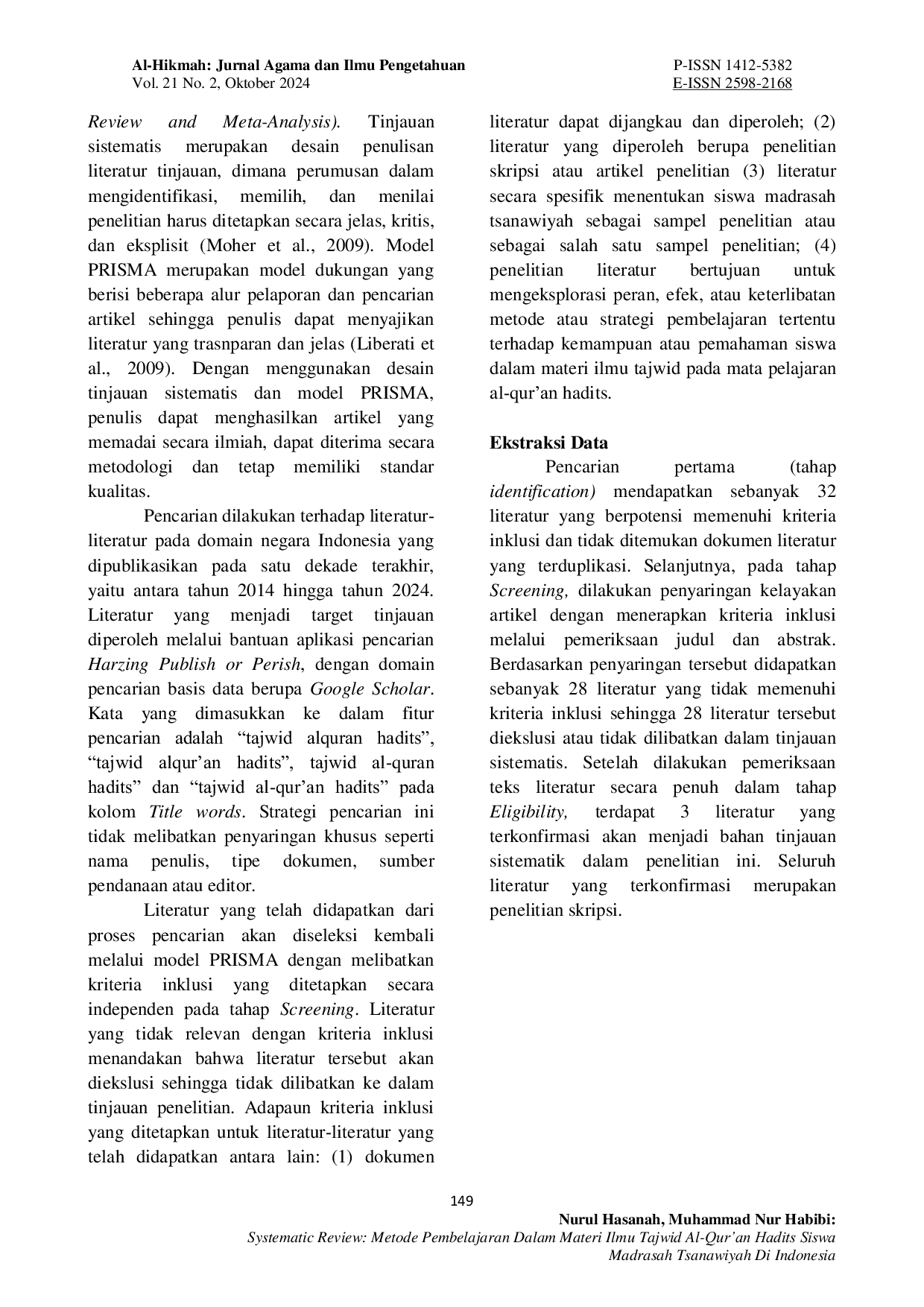 JURIS Systematic Review Metode Pembelajaran dalam Materi Ilmu Tajwid Al Qur an Hadits Siswa Madrasah Tsanawiyah di Indonesia