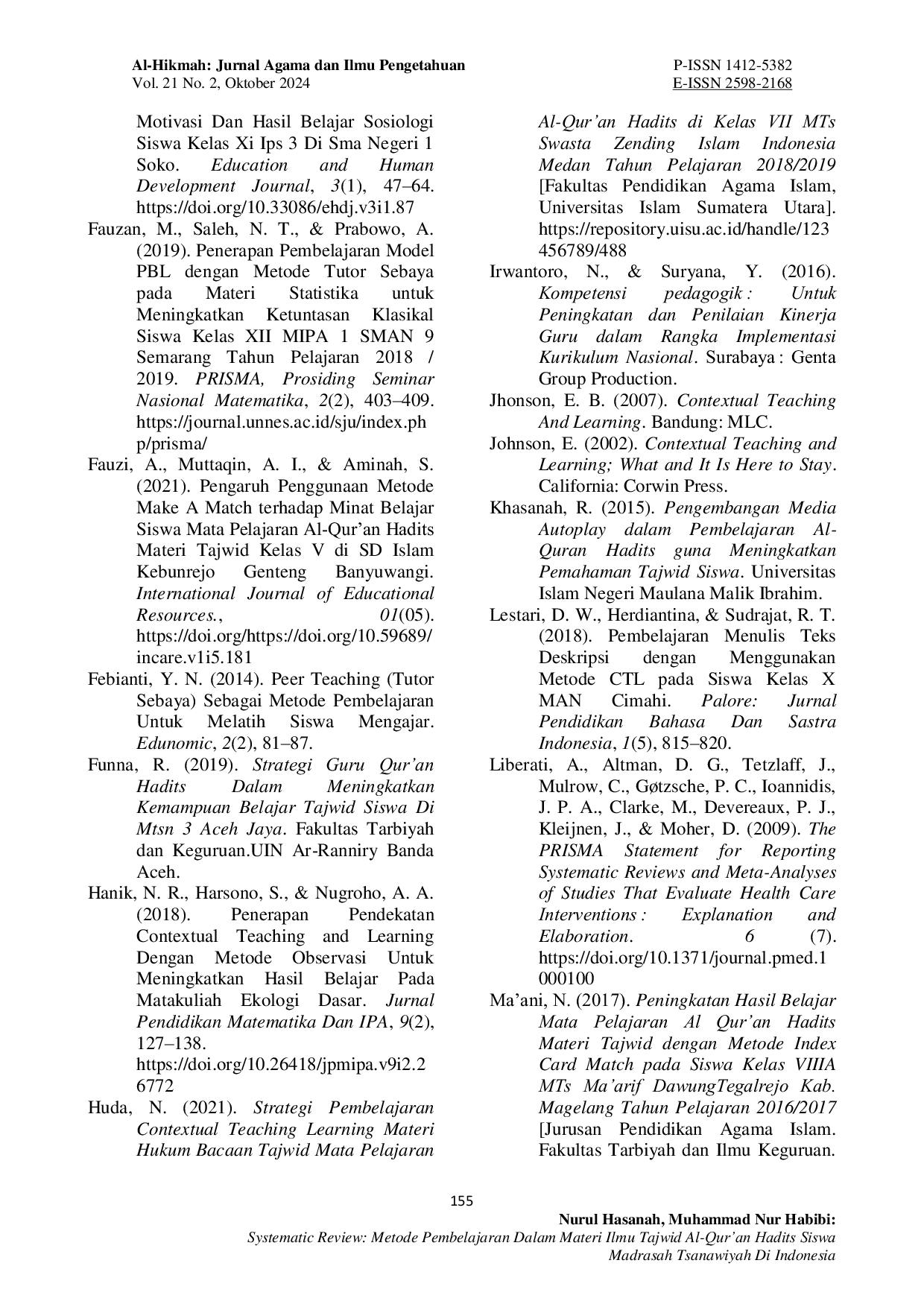 JURIS Systematic Review Metode Pembelajaran dalam Materi Ilmu Tajwid Al Qur an Hadits Siswa Madrasah Tsanawiyah di Indonesia