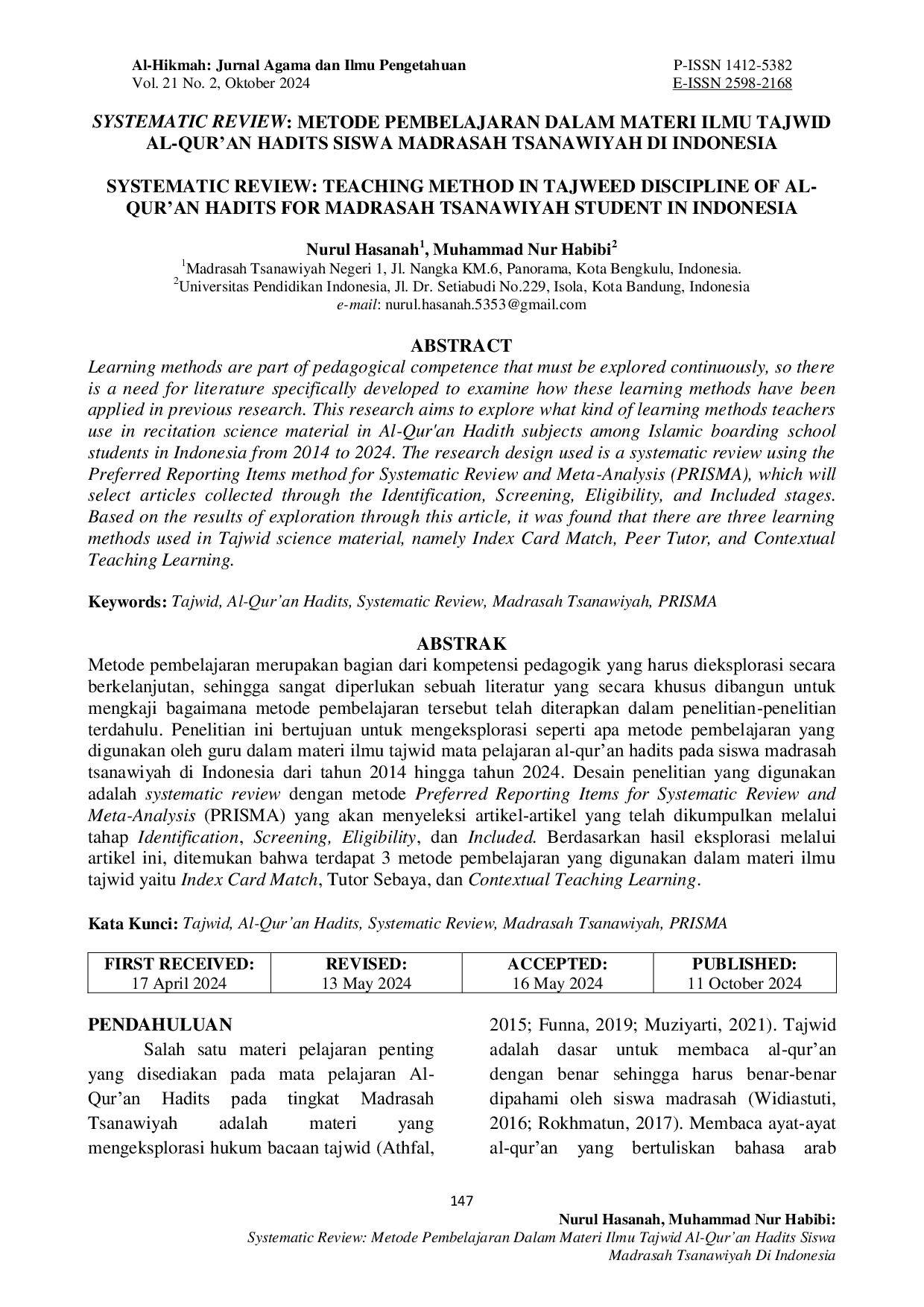 JURIS Systematic Review Metode Pembelajaran dalam Materi Ilmu Tajwid Al Qur an Hadits Siswa Madrasah Tsanawiyah di Indonesia