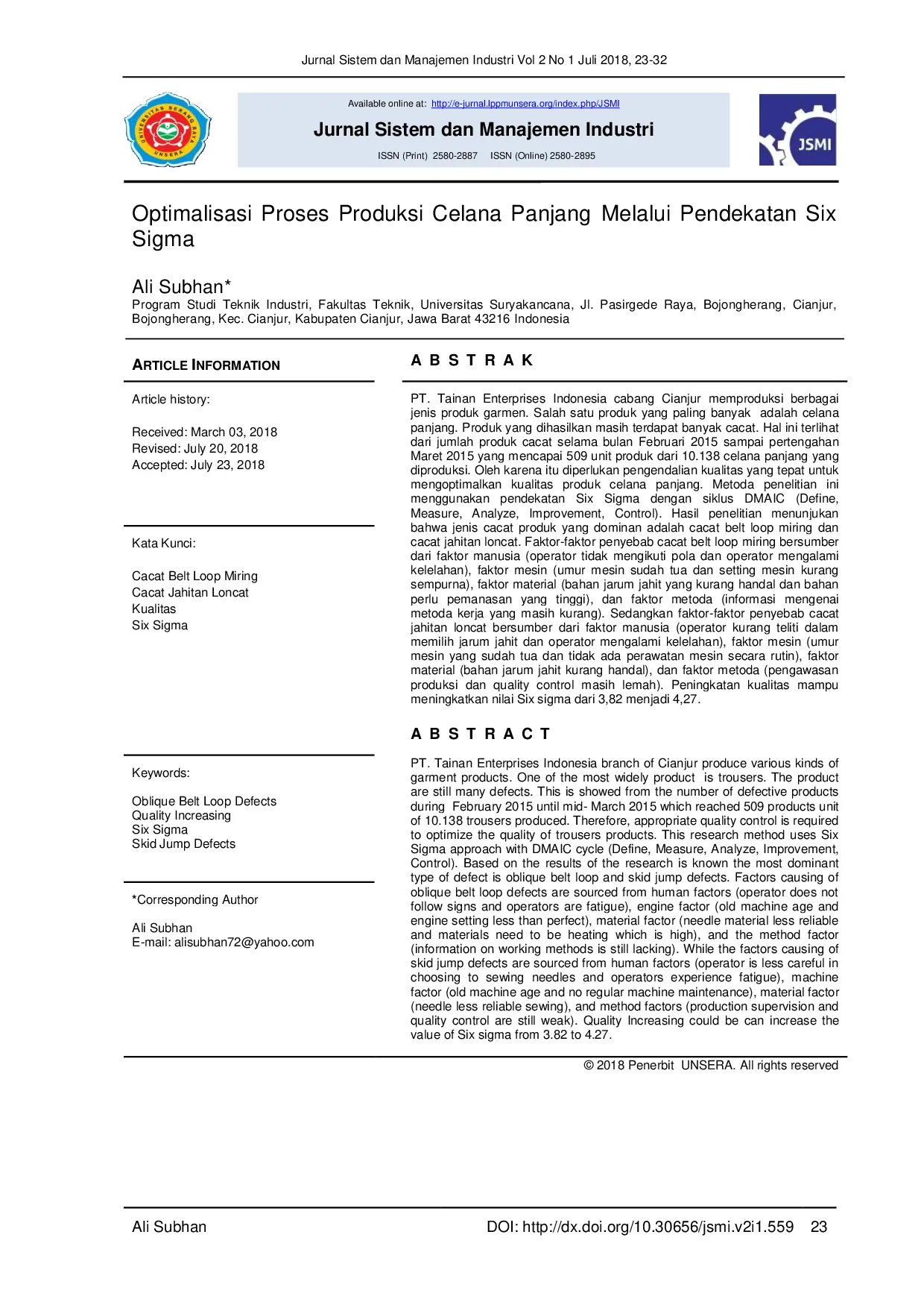 juris Optimalisasi Proses Produksi Celana Panjang Melalui Pendekatan Six Sigma