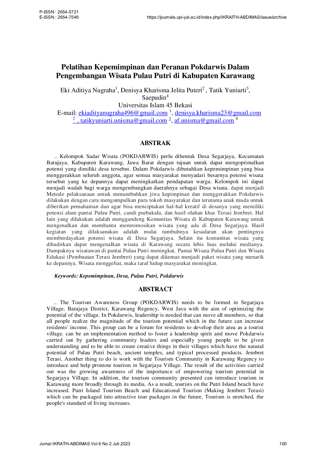 JURIS Pelatihan Kepemimpinan dan Peranan Pokdarwis Dalam Pengembangan Wisata Pulau Putri di Kabupaten Karawang