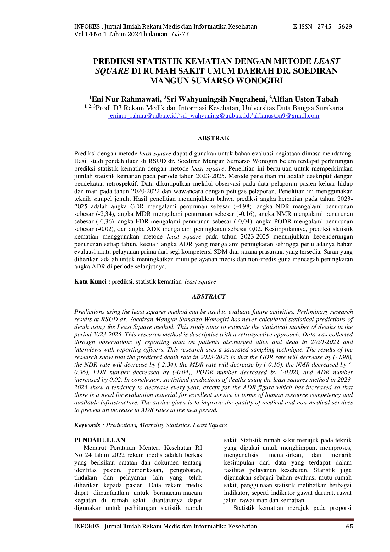juris Prediksi Statistik Kematian Dengan Metode Least Square Di Rumah Sakit Umum Daerah Dr Soediran Mangun Sumarso Wonogiri
