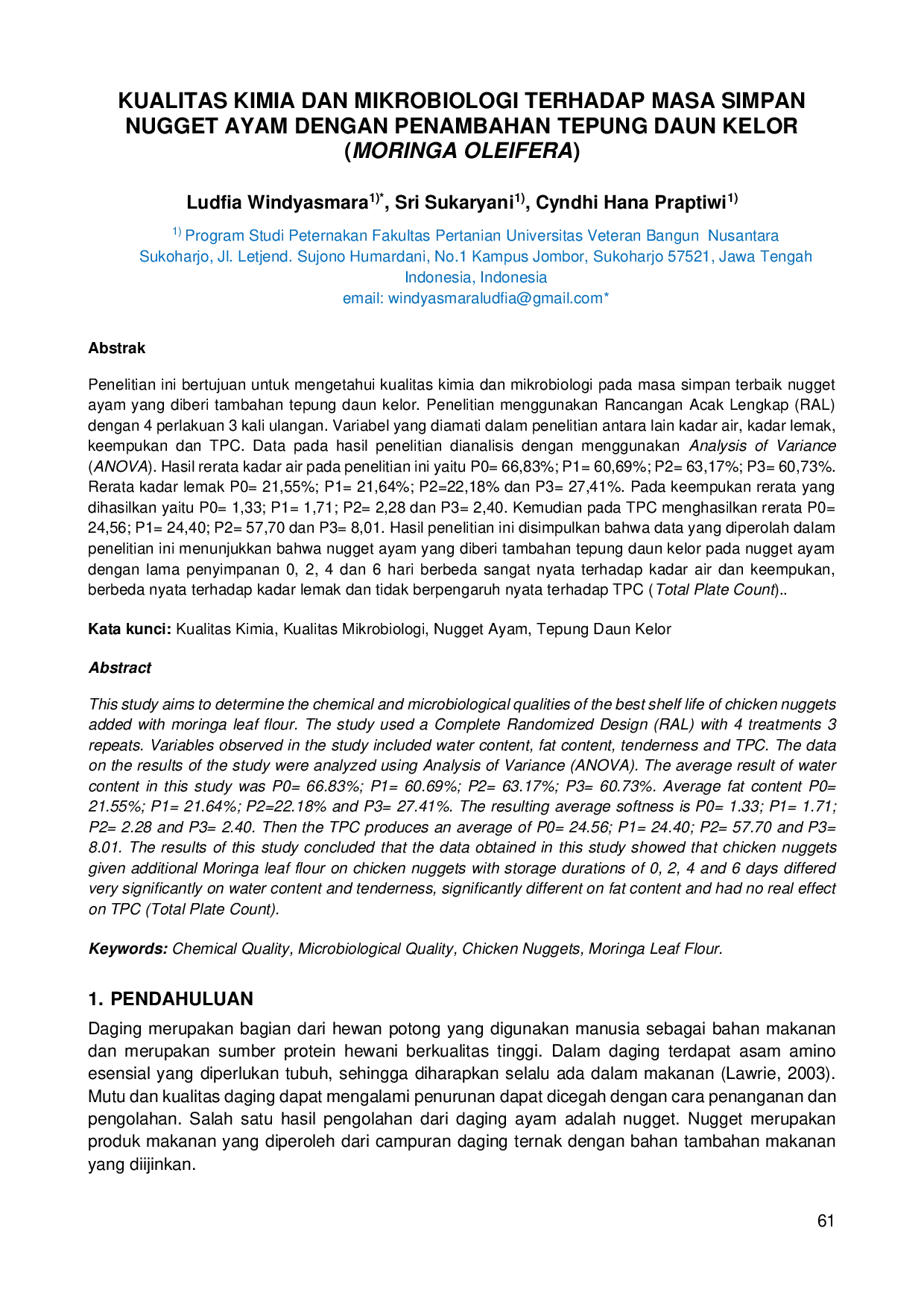 JURIS Kualitas Kimia dan Mikrobiologi terhadap Masa Simpan Nugget Ayam dengan Penambahan Tepung Daun Kelor Moringa Oleifera