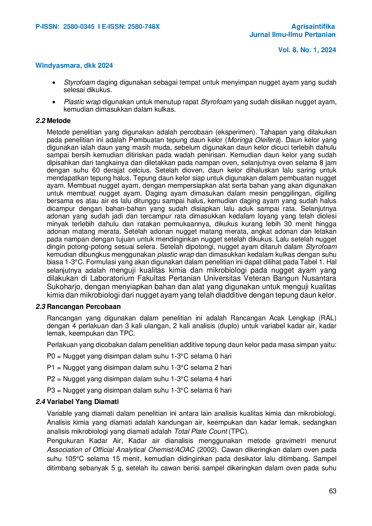 JURIS Kualitas Kimia dan Mikrobiologi terhadap Masa Simpan Nugget Ayam dengan Penambahan Tepung Daun Kelor Moringa Oleifera