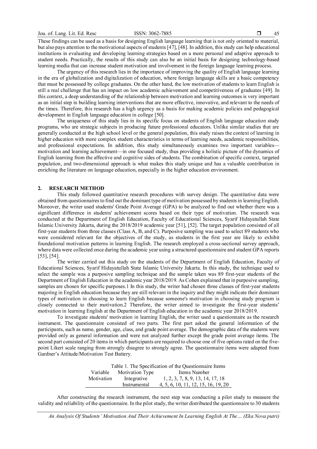 JURIS An Analysis Of Students Motivation And Their Achievement In Learning English At The Department Of English Education