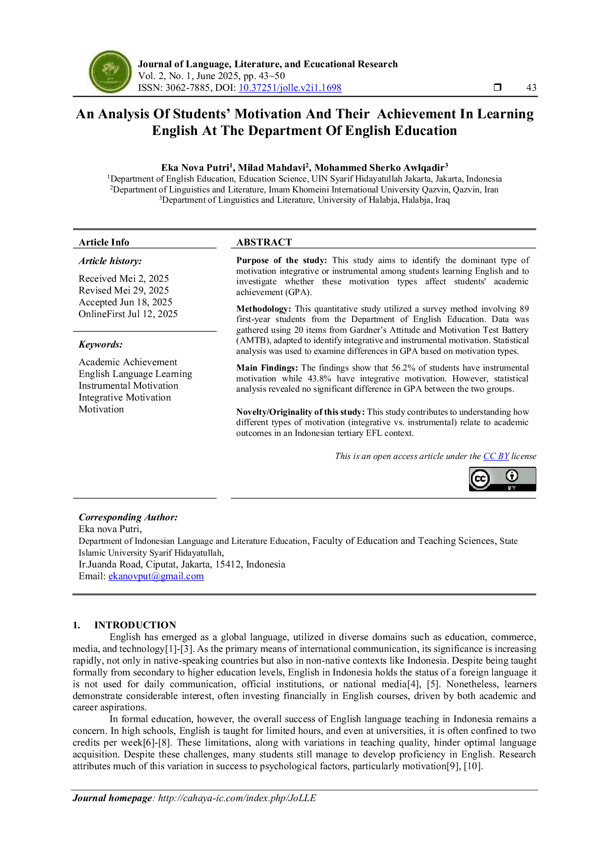JURIS An Analysis Of Students Motivation And Their Achievement In Learning English At The Department Of English Education