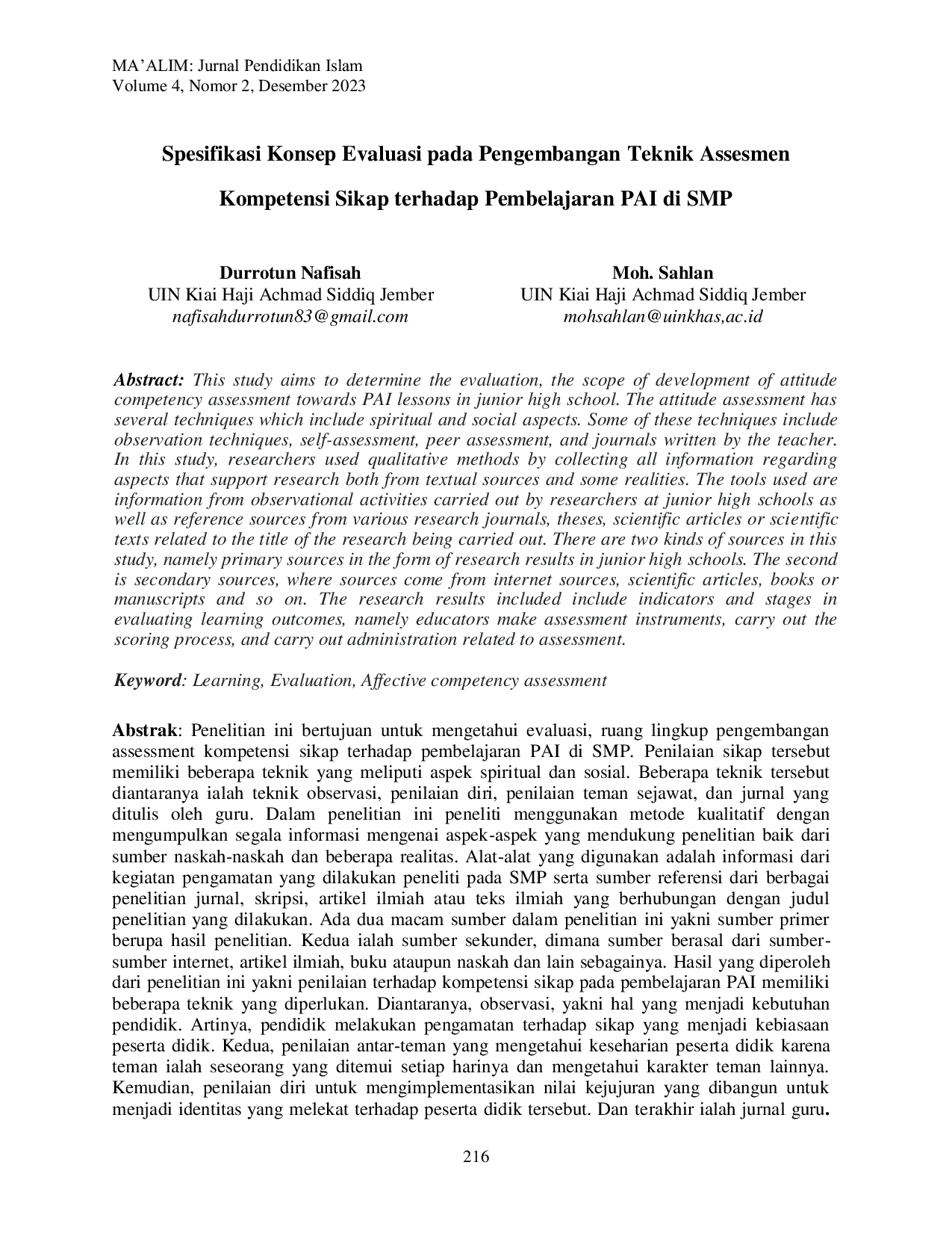 JURIS Spesifikasi Konsep Evaluasi pada Pengembangan Teknik Assesmen Kompetensi Sikap terhadap Pembelajaran PAI di SMP