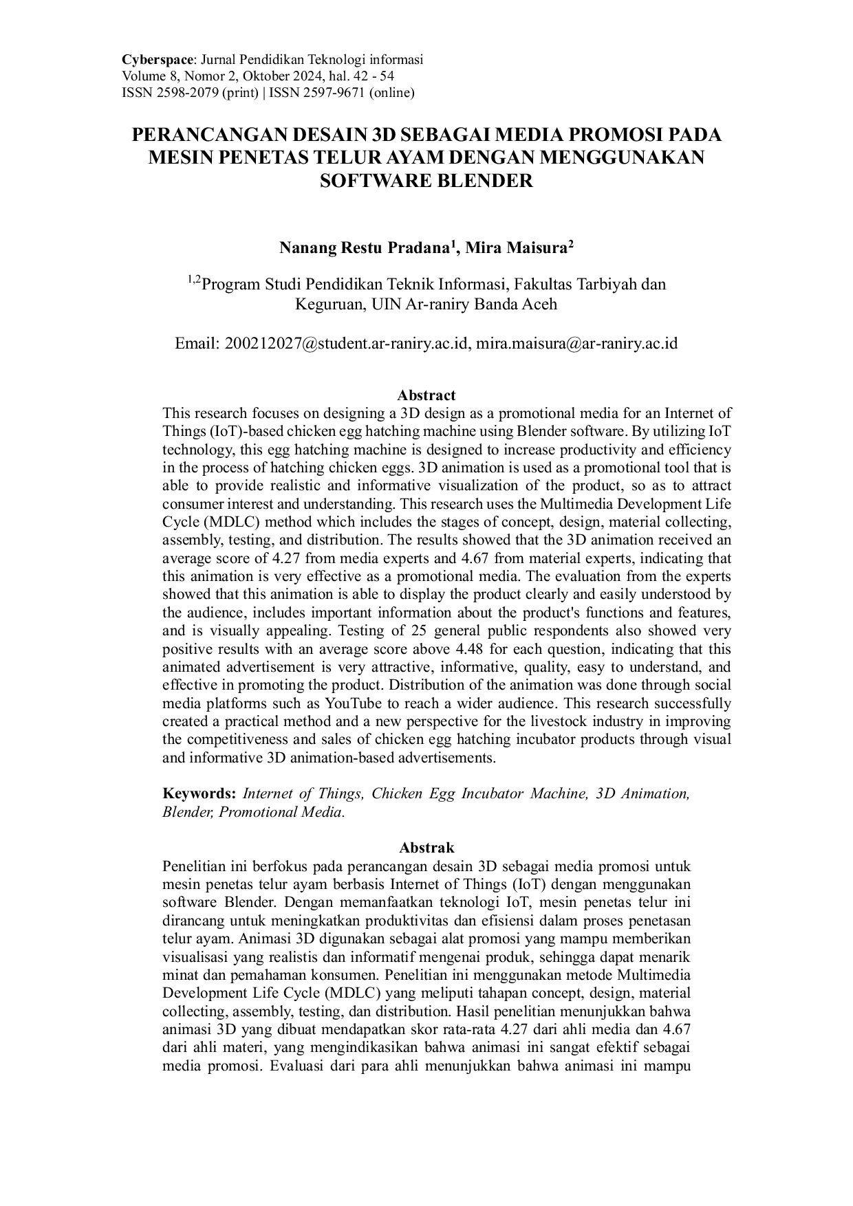 JURIS Perancangan Desain 3D Sebagai Media Promosi Pada Mesin Penetas Telur Ayam Dengan Menggunakan Software Blender