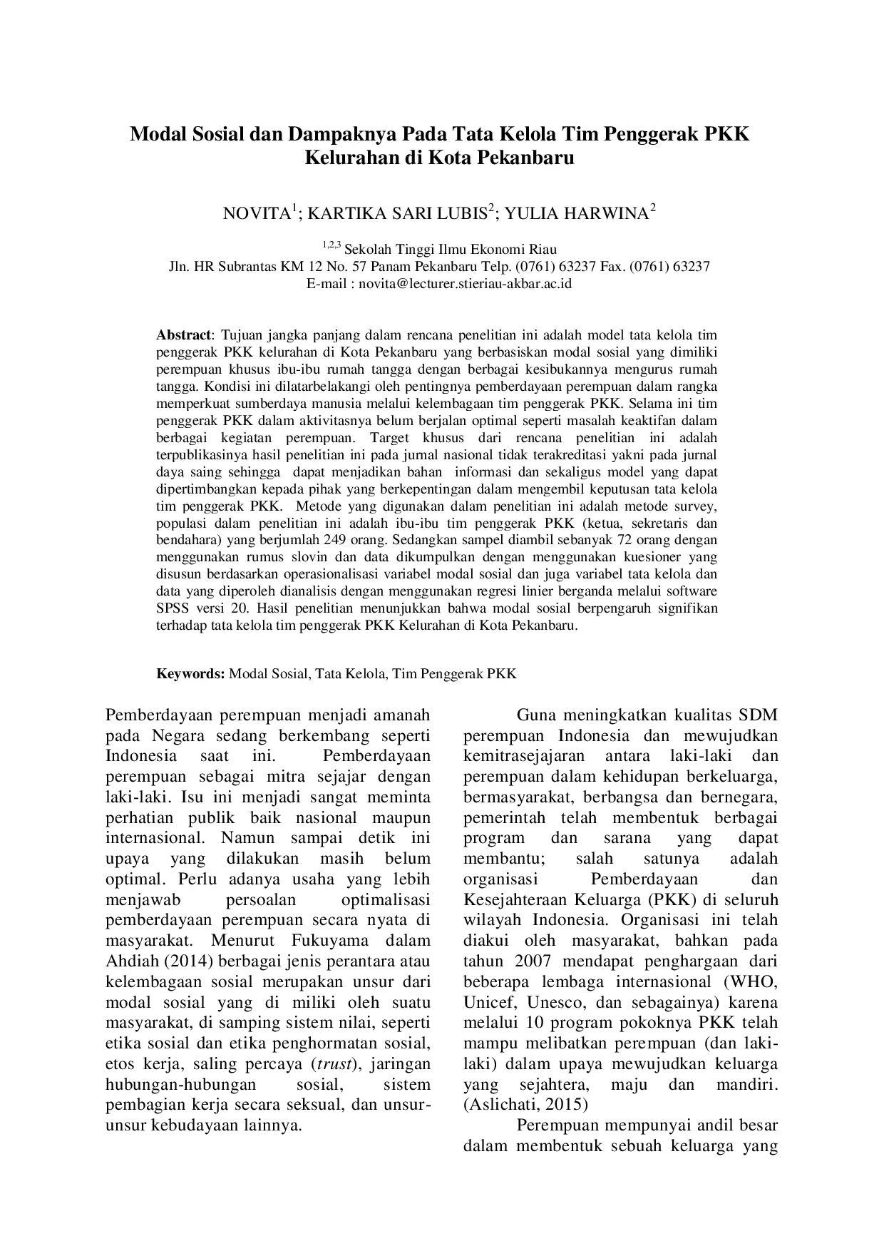 juris Modal Sosial Dan Dampaknya Pada Tata Kelola Tim Penggerak PKK Kelurahan Di Kota Pekanbaru