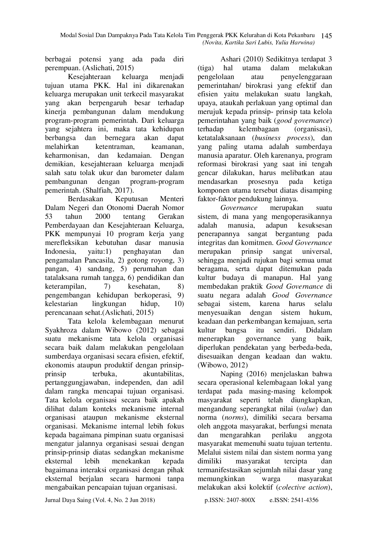 juris Modal Sosial Dan Dampaknya Pada Tata Kelola Tim Penggerak PKK Kelurahan Di Kota Pekanbaru