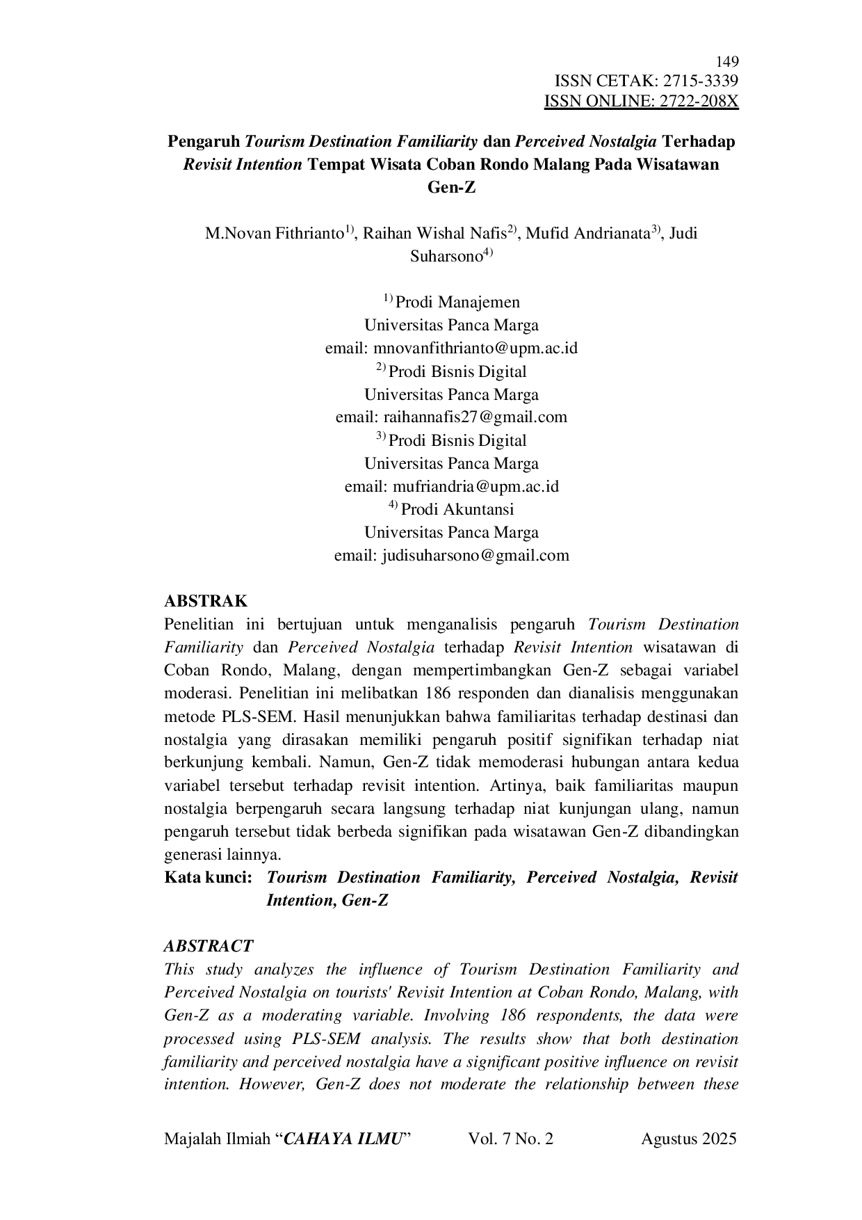 JURIS Pengaruh Tourism Destination Familiarity dan Perceived Nostalgia Terhadap Revisit Intention Tempat Wisata Coban Rondo Malang Pada Wisatawan Gen Z