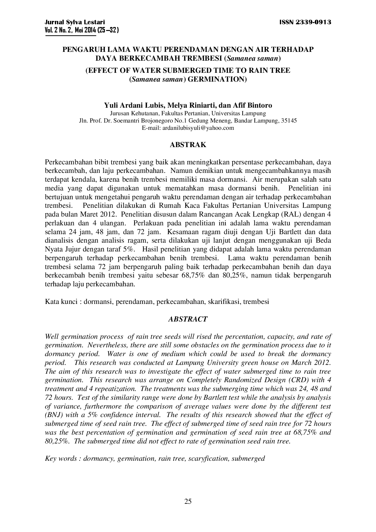 juris Pengaruh Lama Waktu Perendaman Dengan Air Terhadap Daya Berkecambah Trembesi Samanea Saman