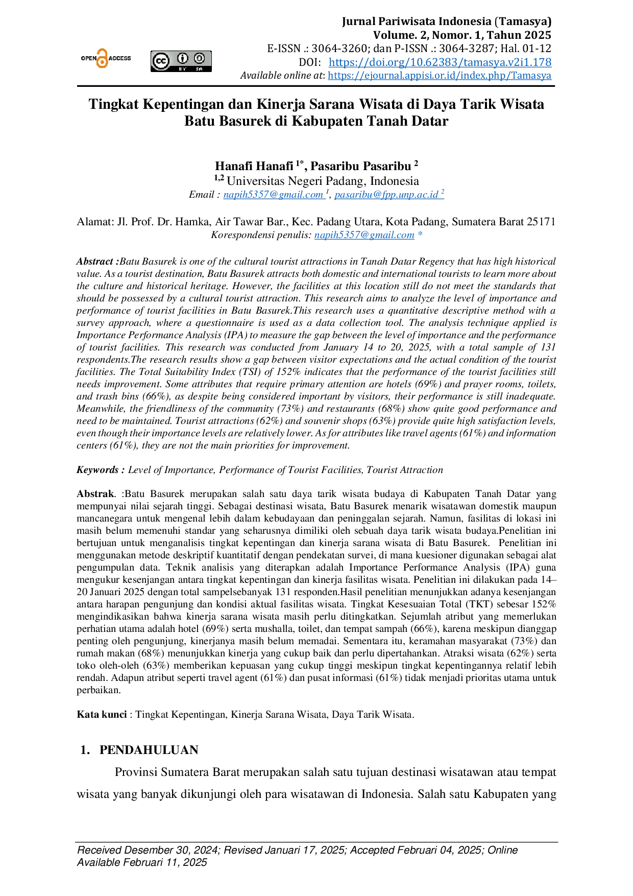 JURIS Tingkat Kepentingan dan Kinerja Sarana Wisata di Daya Tarik Wisata Batu Basurek di Kabupaten Tanah Datar