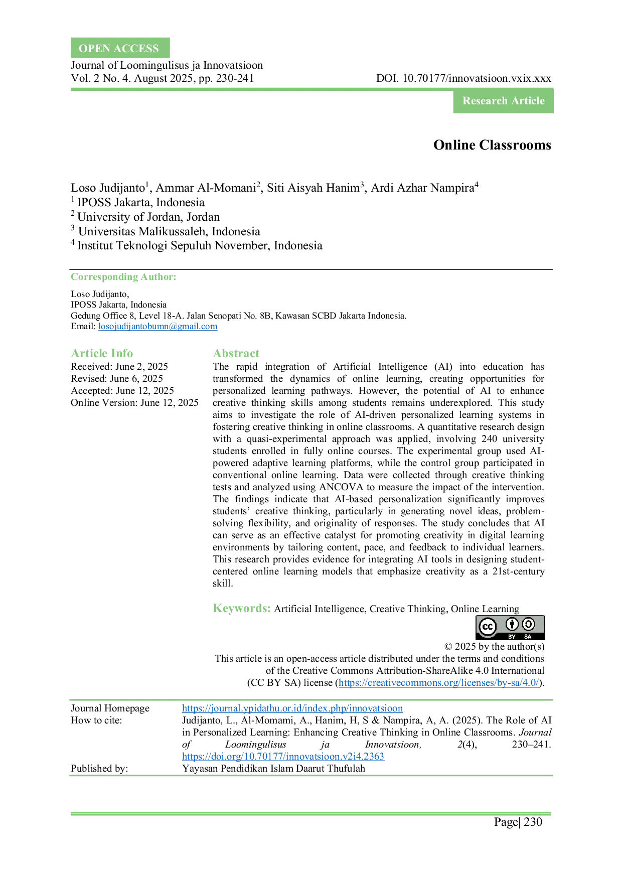 JURIS The Role of AI in Personalized Learning Enhancing Creative Thinking in Online Classrooms
