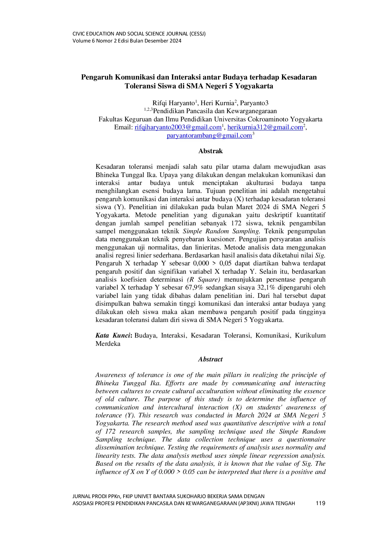 JURIS Pengaruh Komunikasi dan Interaksi antar Budaya terhadap Kesadaran Toleransi Siswa di SMA Negeri 5 Yogyakarta