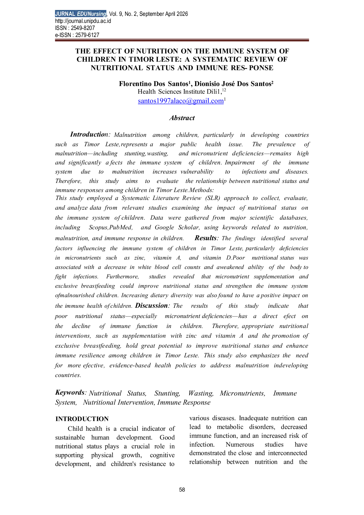 JURIS The Effect of Nutrition on the Immune System of Children in Timor Leste A Systematic Review of Nutritional Status and Immune Response