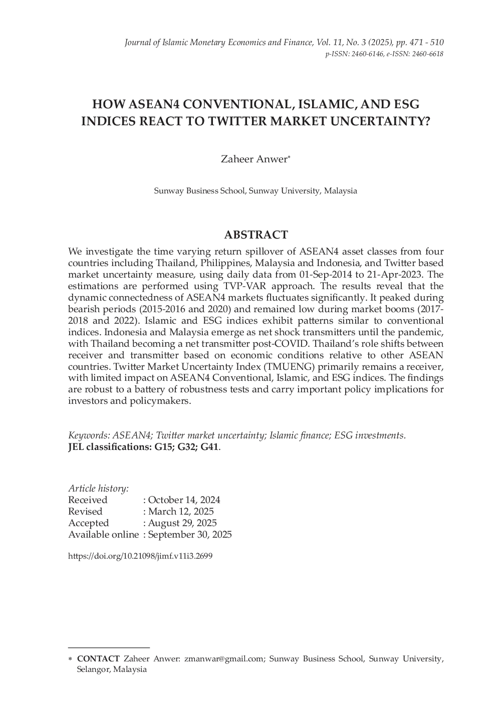 JURIS How ASEAN4 Conventional Islamic and ESG Indices React to Twitter Market Uncertainty
