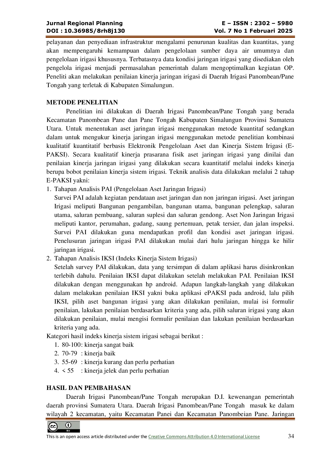 JURIS Evaluasi Kinerja Jaringan Irigasi Daerah Irigasi Panombean Pane Tongah Di Kabupaten Simalungun