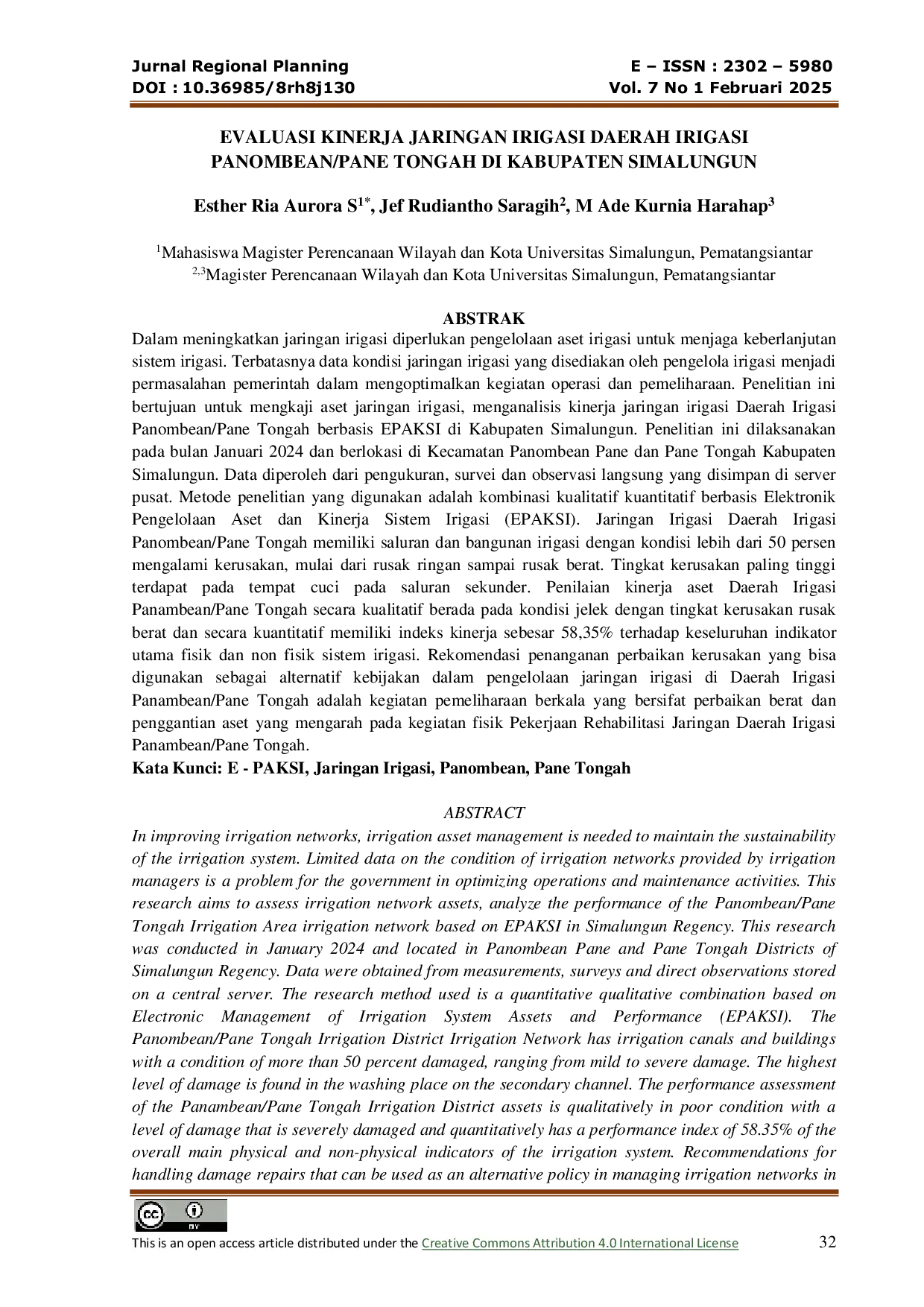 JURIS Evaluasi Kinerja Jaringan Irigasi Daerah Irigasi Panombean Pane Tongah Di Kabupaten Simalungun