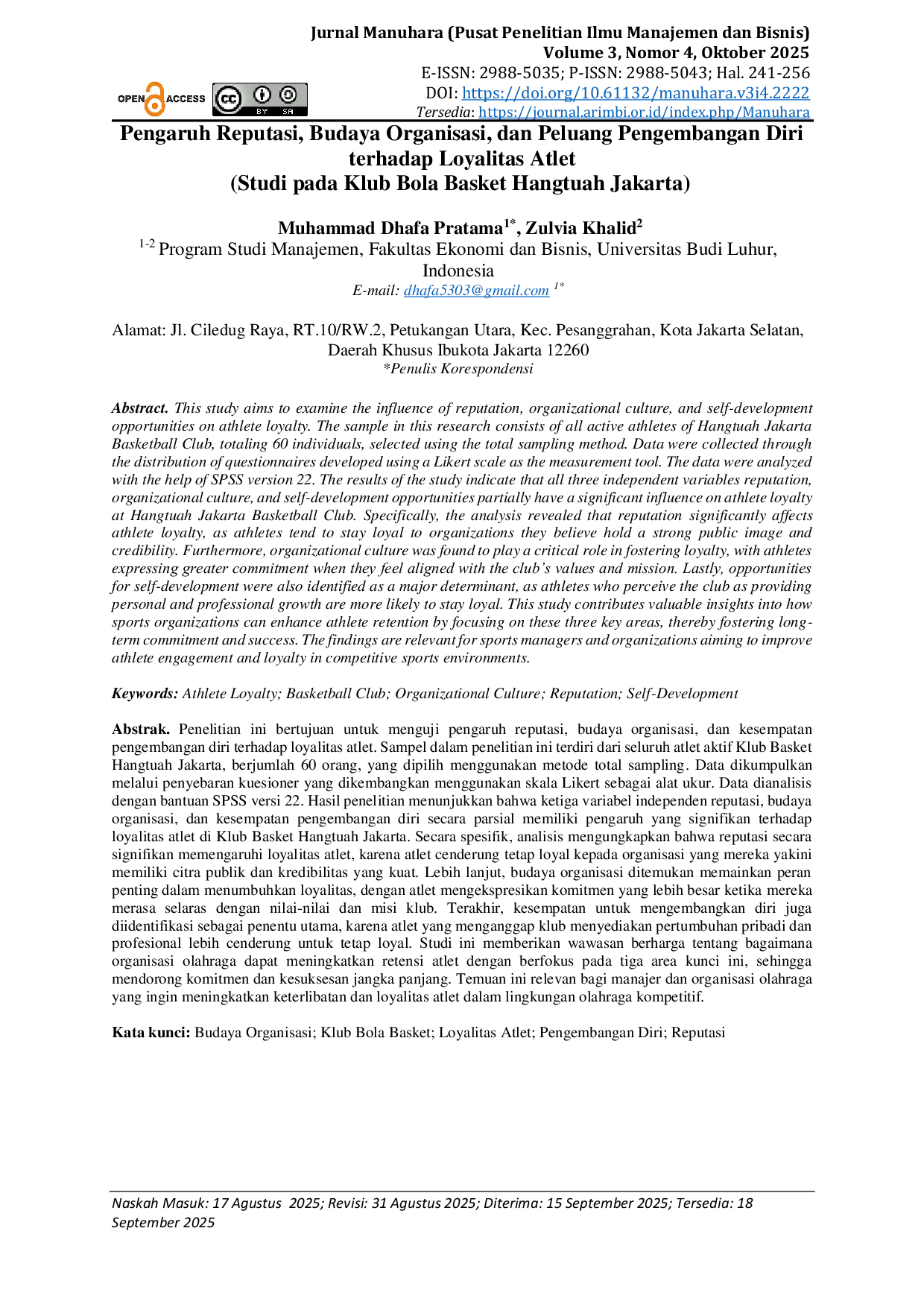 JURIS Pengaruh Reputasi Budaya Organisasi dan Peluang Pengembangan Diri terhadap Loyalitas Atlet Studi pada Klub Bola Basket Hangtuah Jakarta