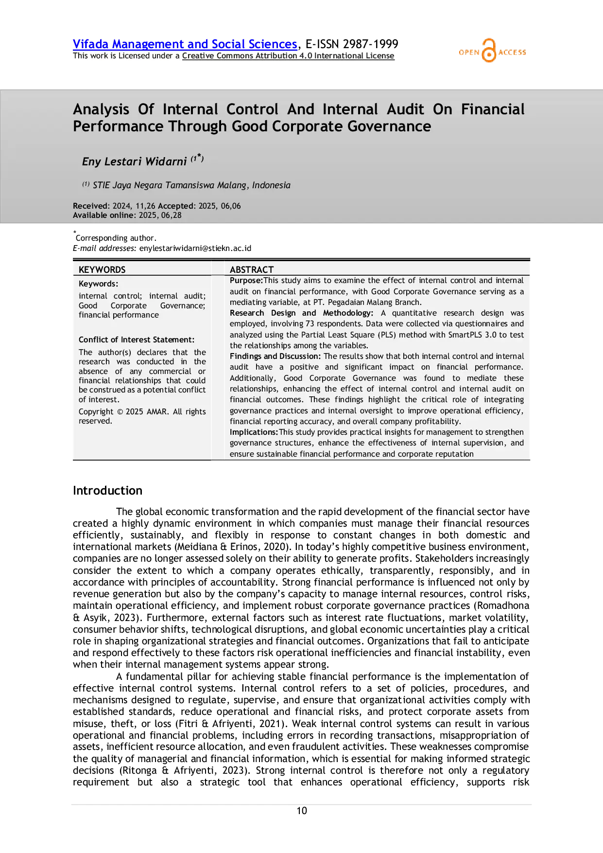 JURIS Analysis Of Internal Control And Internal Audit On Financial Performance Through Good Corporate Governance