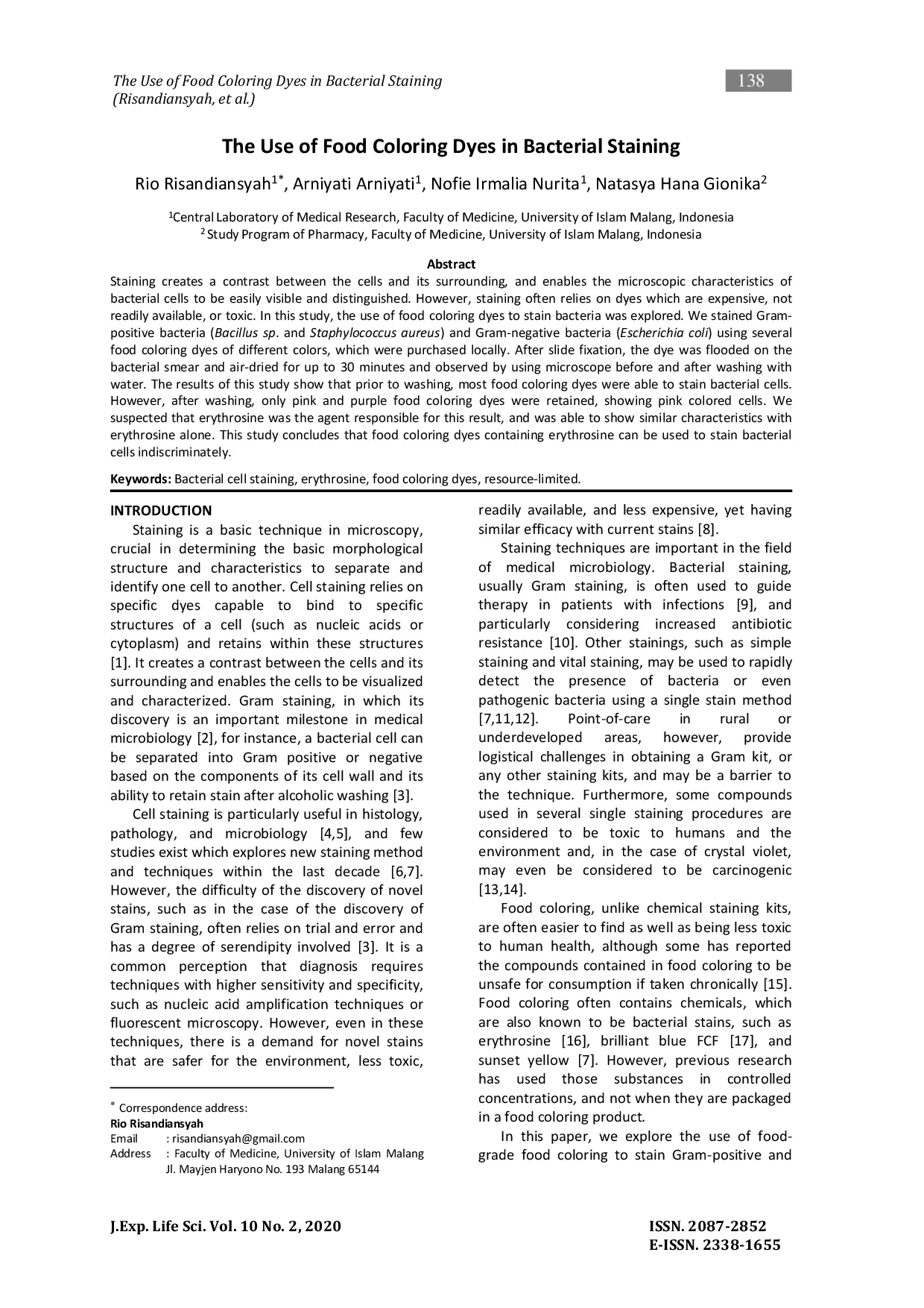 JURIS The Use of Food Coloring Dyes in Bacterial Staining