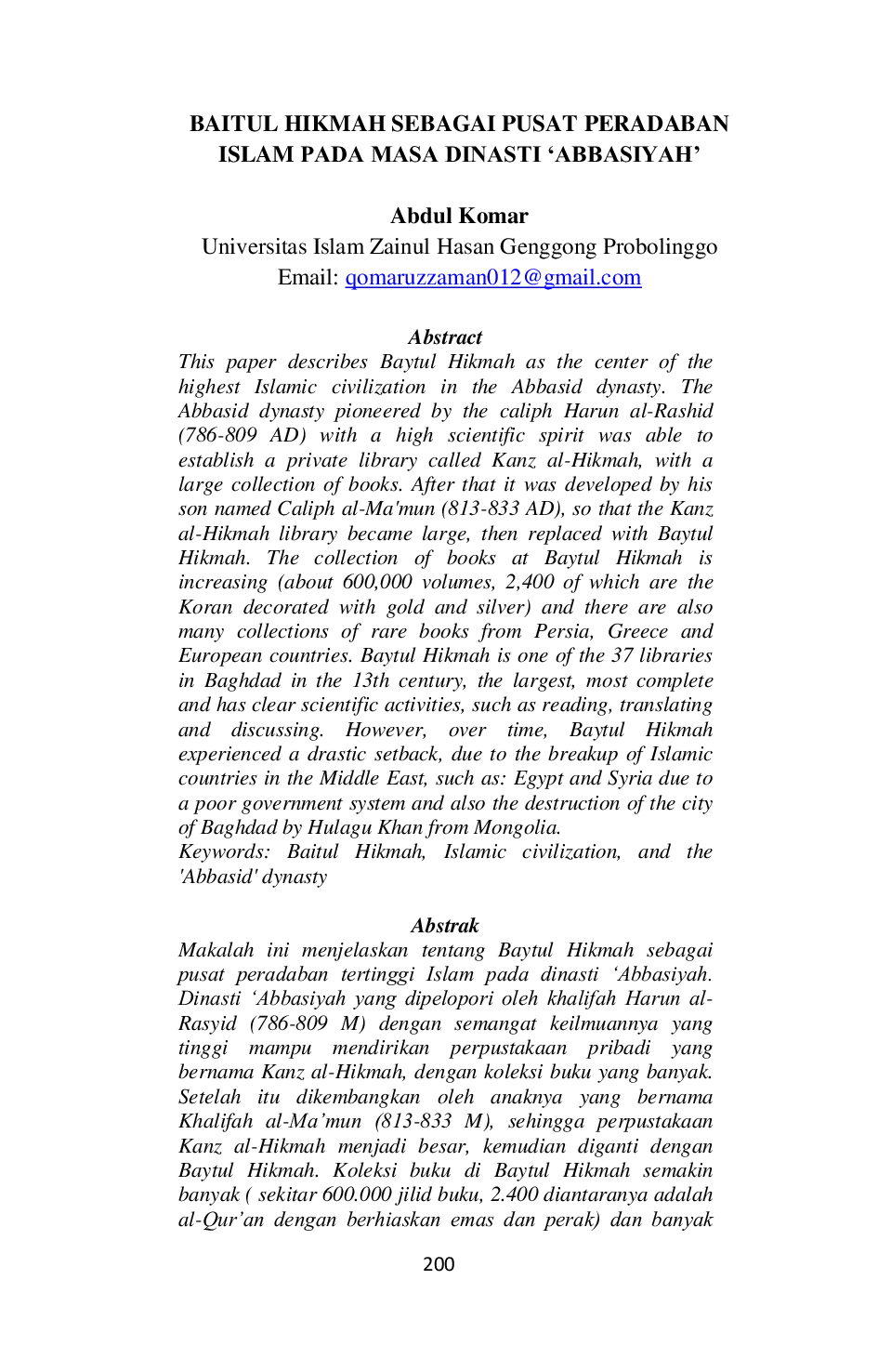 JURIS Baitul Hikmah Sebagai Pusat Peradaban Islam Pada Masa Dinasti Abbasiyah